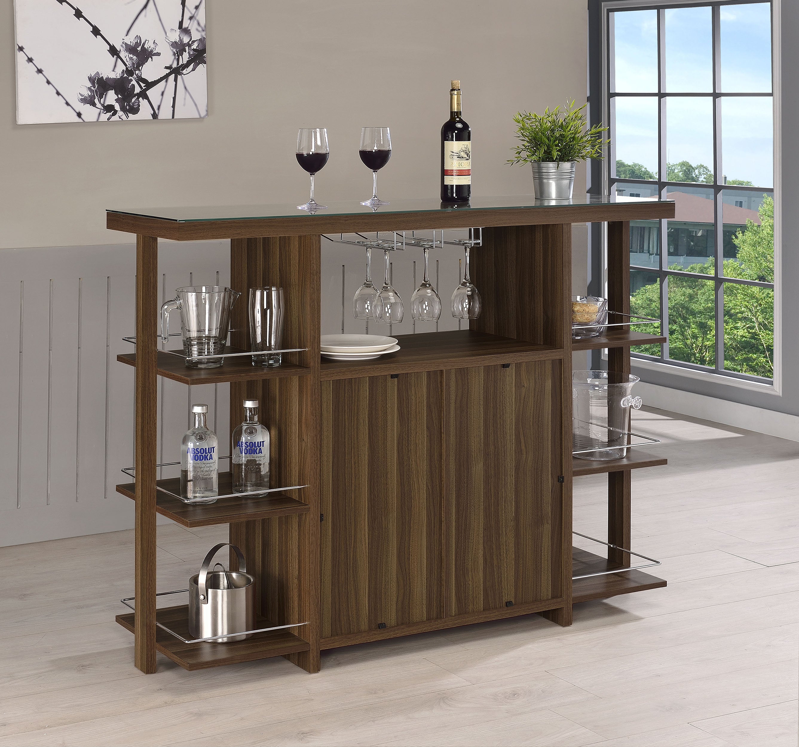 Orleans Furniture - Coaster - Evelio 6-shelf Glass Top Home Bar Wine Cabinet Walnut - 100439
