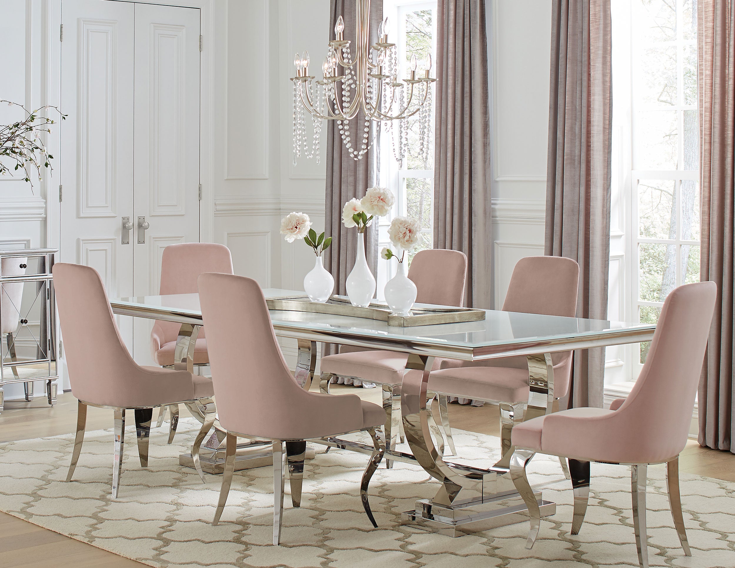 Orleans Furniture - Coaster - Antoine 7-piece Rectangular Glass Top Dining Table Set Pink - 108811-S7P