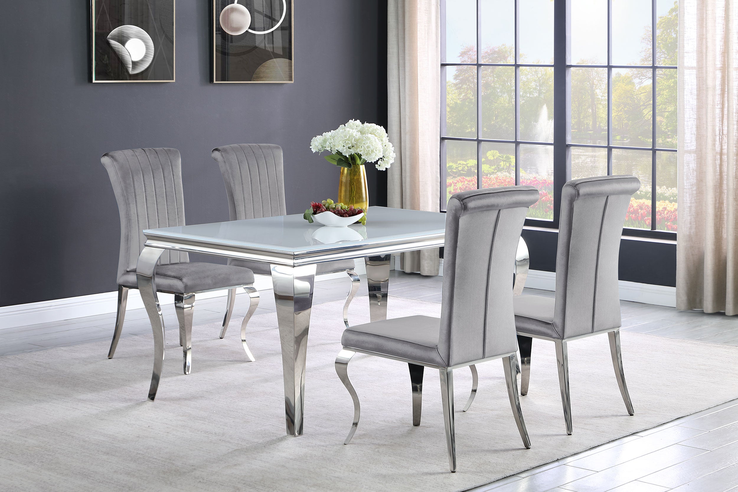 Orleans Furniture - Coaster - Carone 5-piece 61-inch Rectangular White Glass Dining Set Grey - 115091-S5G