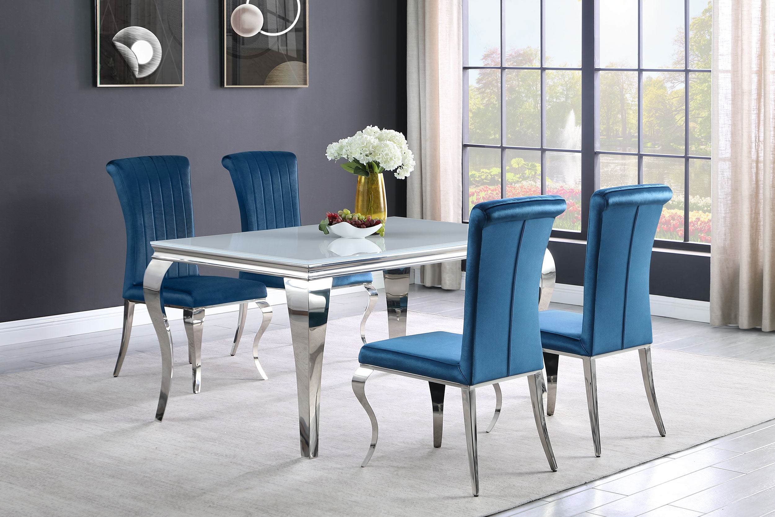Orleans Furniture - Coaster - Carone 5-piece 61-inch Rectangular White Glass Dining Set Teal - 115091-S5T