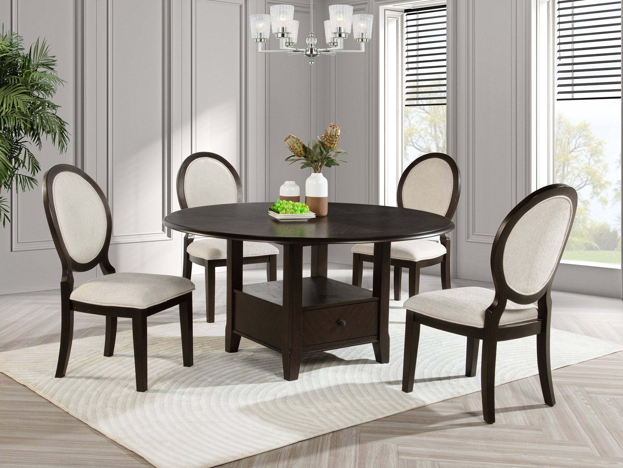 Orleans Furniture - Coaster - Twyla 5-piece 60-inch Round Wood Dining Table Set Dark Cocoa - 115100-S5