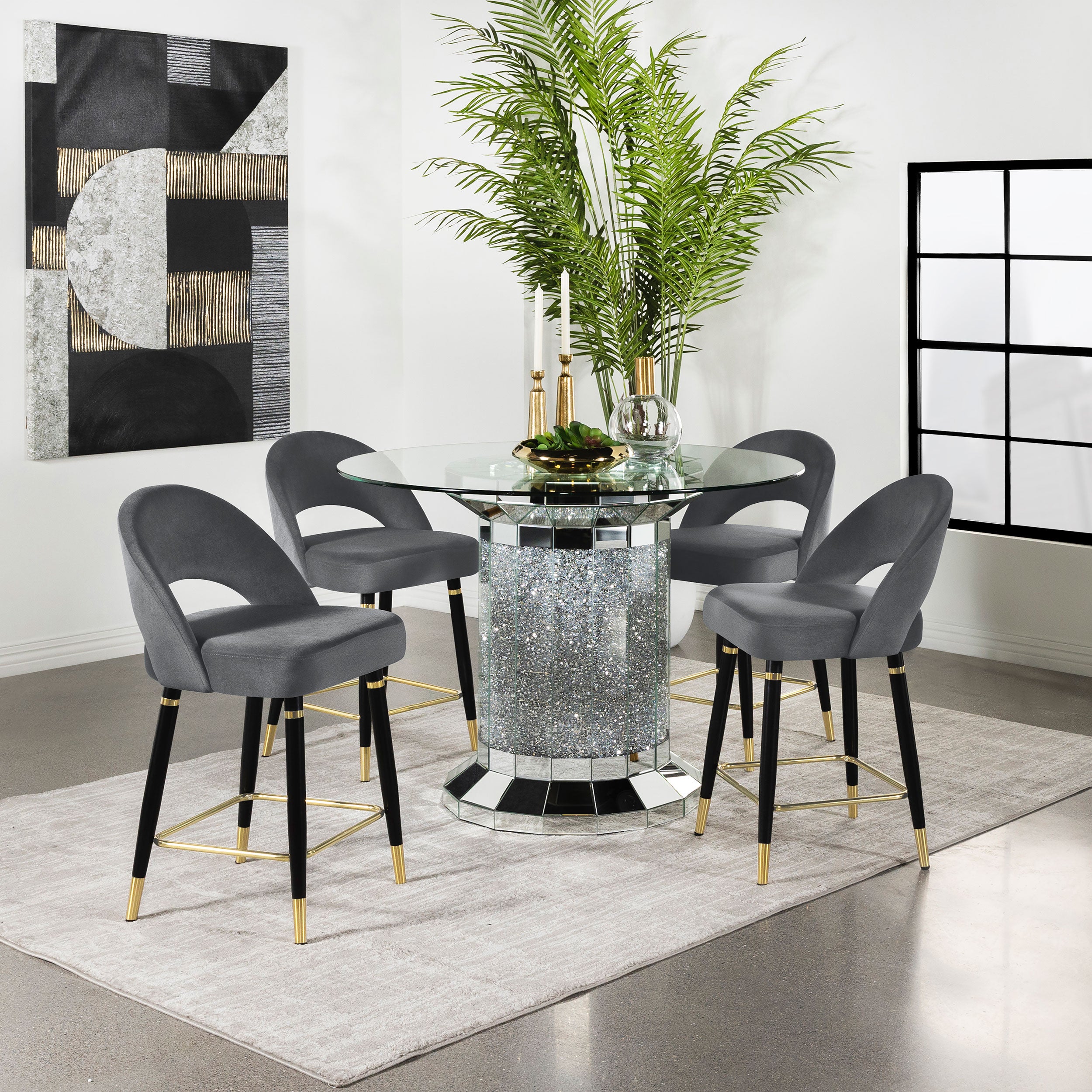Orleans Furniture - Coaster - Ellie 5-piece Mirrored Counter Height Dining Table Set Grey - 115558-S5G