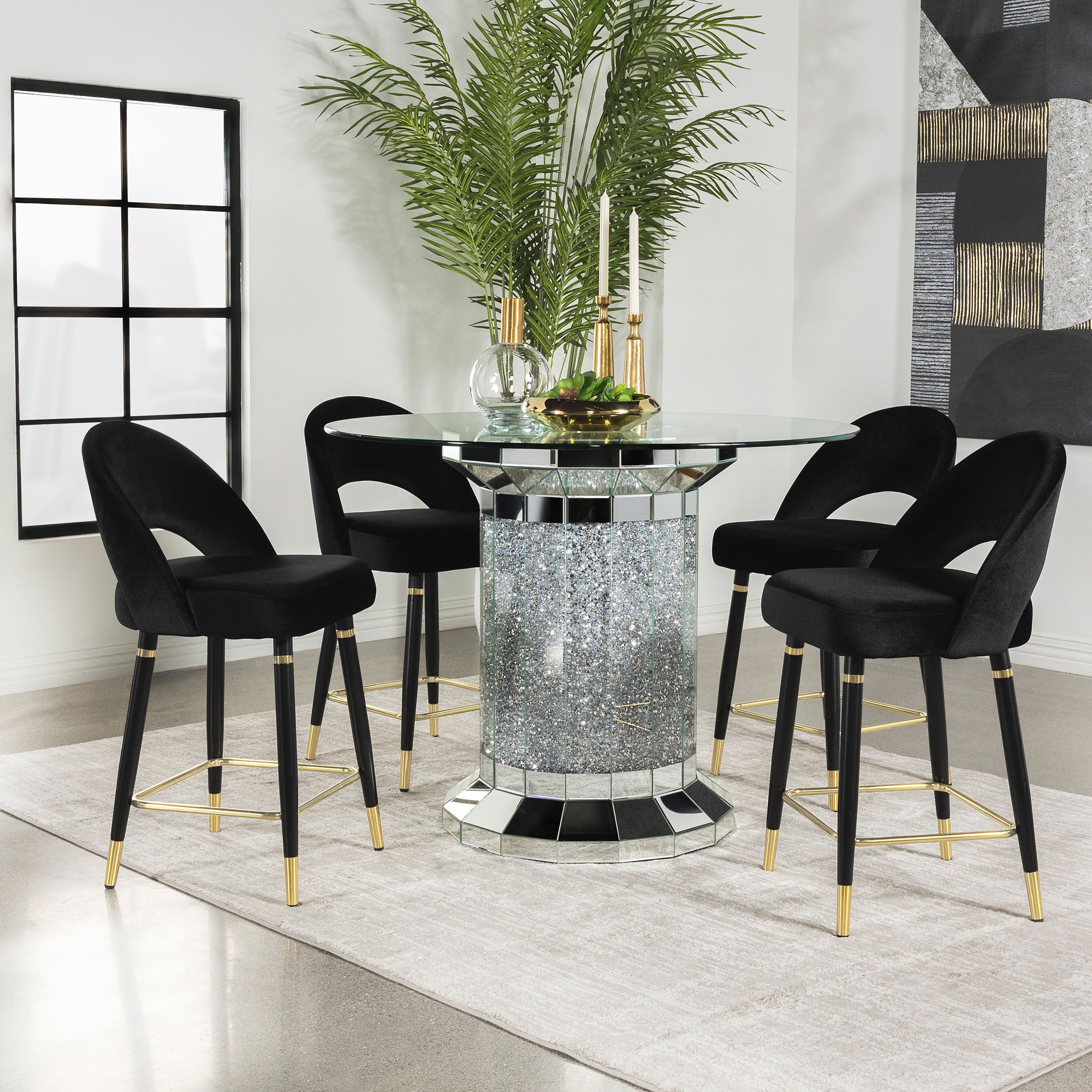 Orleans Furniture - Coaster - Ellie 5-piece Mirrored Counter Height Dining Table Set Black - 115558-S5