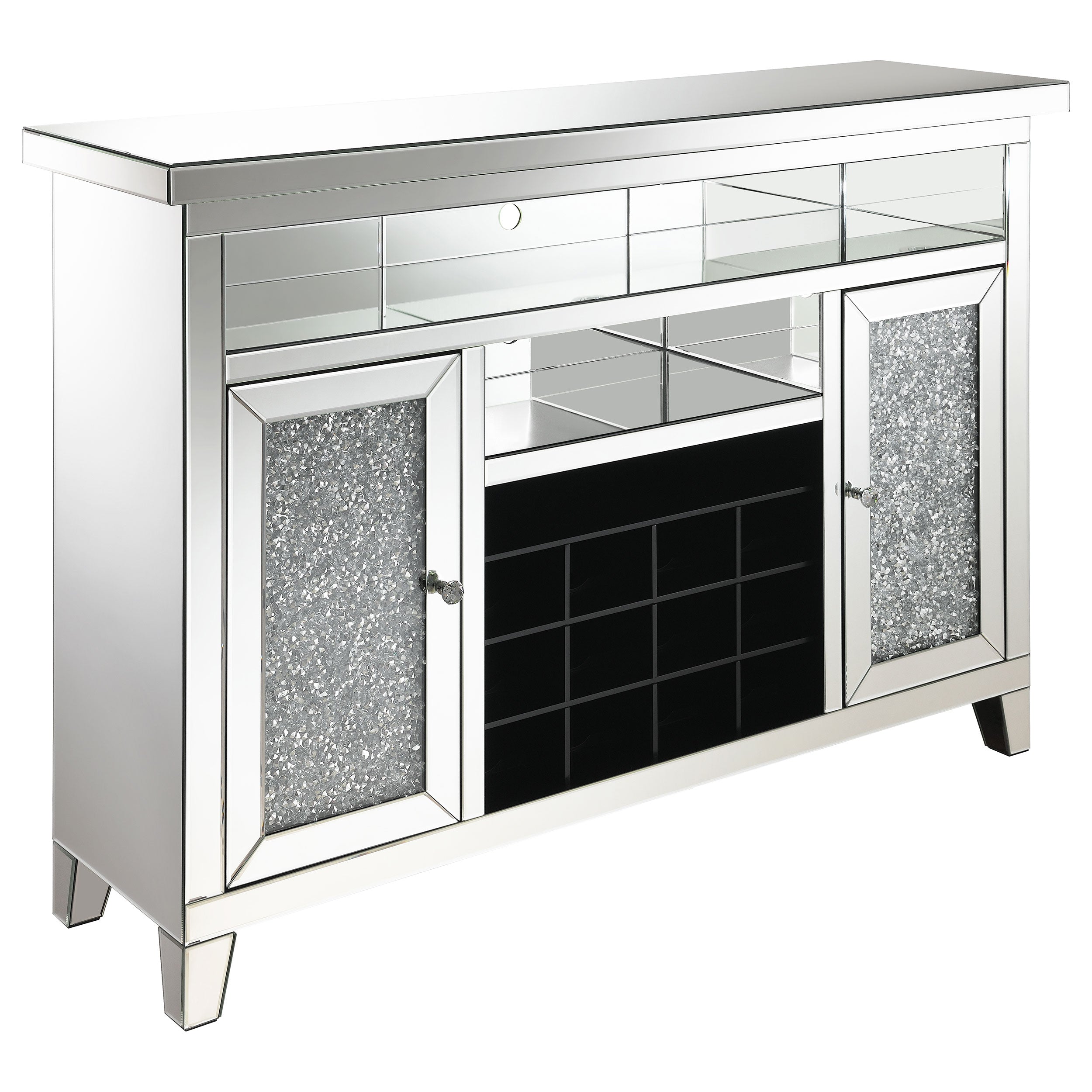 Orleans Furniture - Coaster - Melinda 2-door LED Mirrored Wine Storage Bar Cabinet Silver - 183627