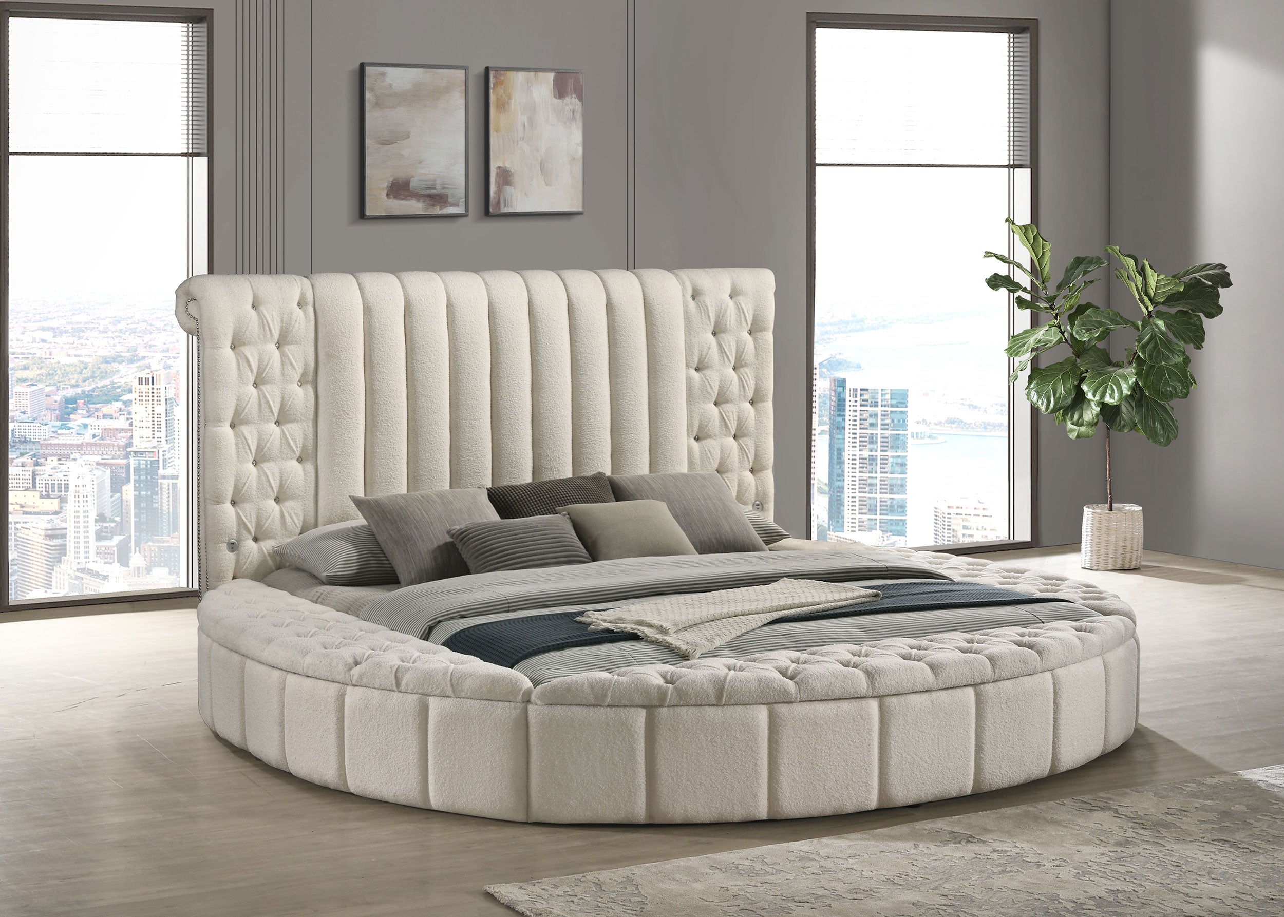 Orleans Furniture - Coaster - Sonya Upholstered Eastern King Round Storage Bed Ivory - 360111KE