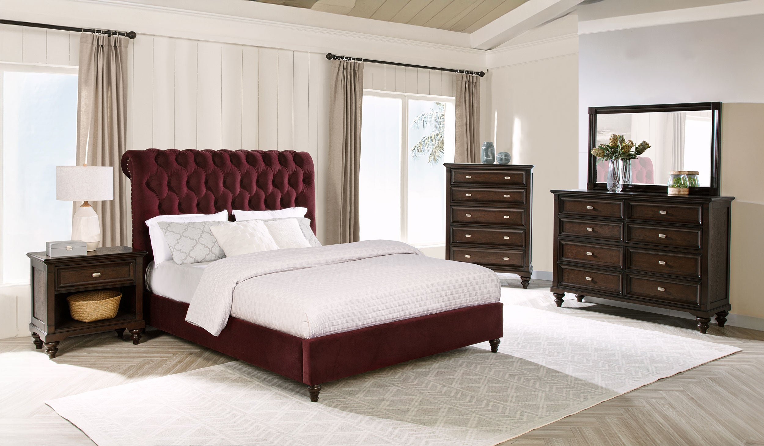 Orleans Furniture - Coaster - Devon 5-piece Eastern King Bedroom Set Wine Red and Dark Oak - 360341KE-S5