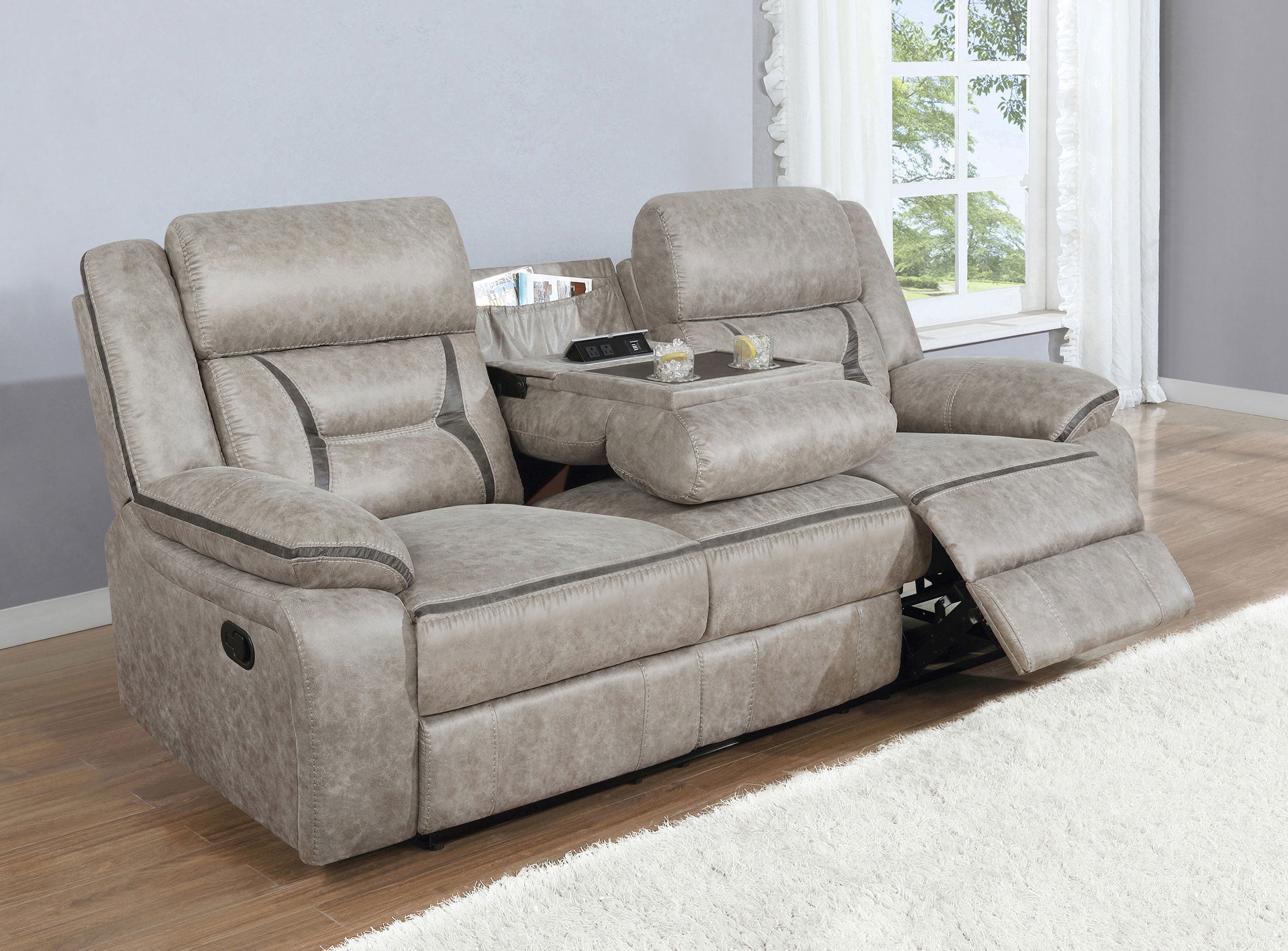 Orleans Furniture - Coaster - Greer Upholstered Motion Reclining Sofa Taupe - 651351