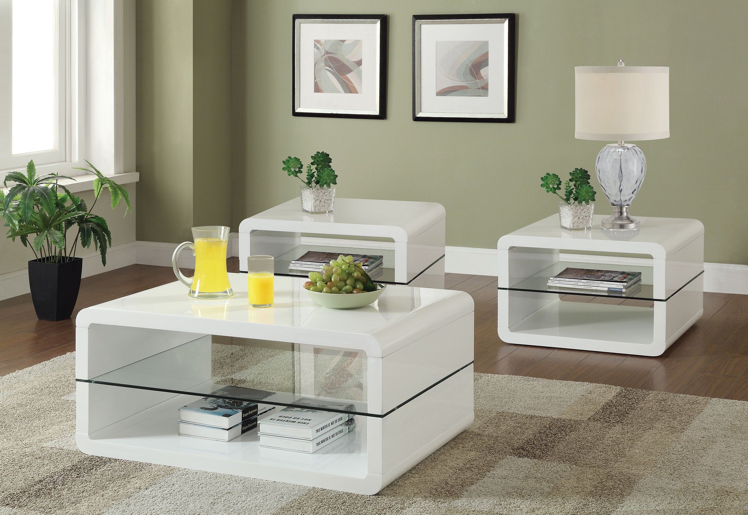 Orleans Furniture - Coaster - Elana 3-piece Coffee and End Table Set White High Gloss - 703268-S3