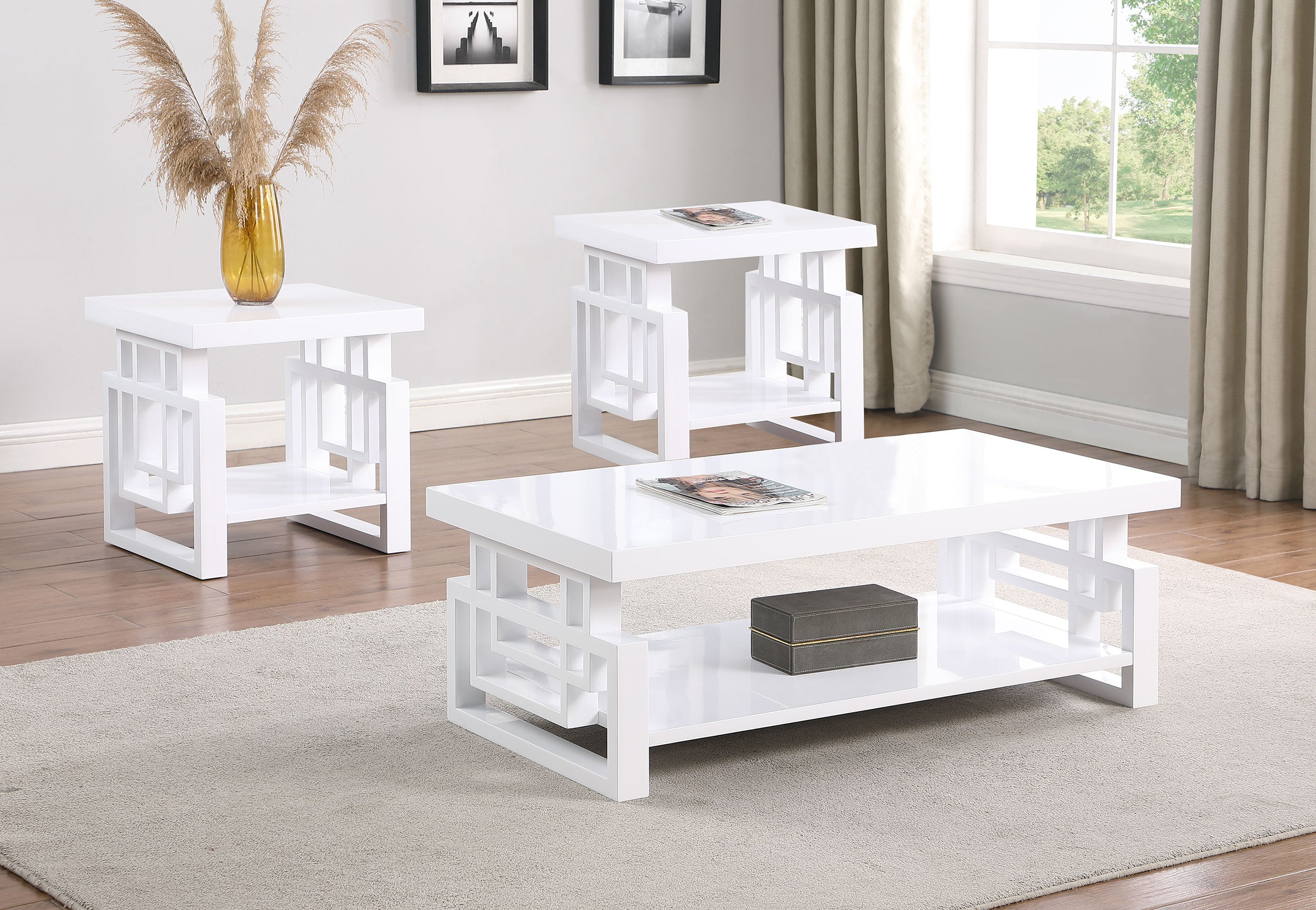 Orleans Furniture - Coaster - Schmitt 3-piece Coffee and End Table Set White High Gloss - 705708-S3