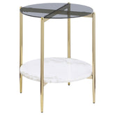 Orleans Furniture - Coaster - Jonelle Round Glass Top End Table White Marble Shelf Gold - 710337