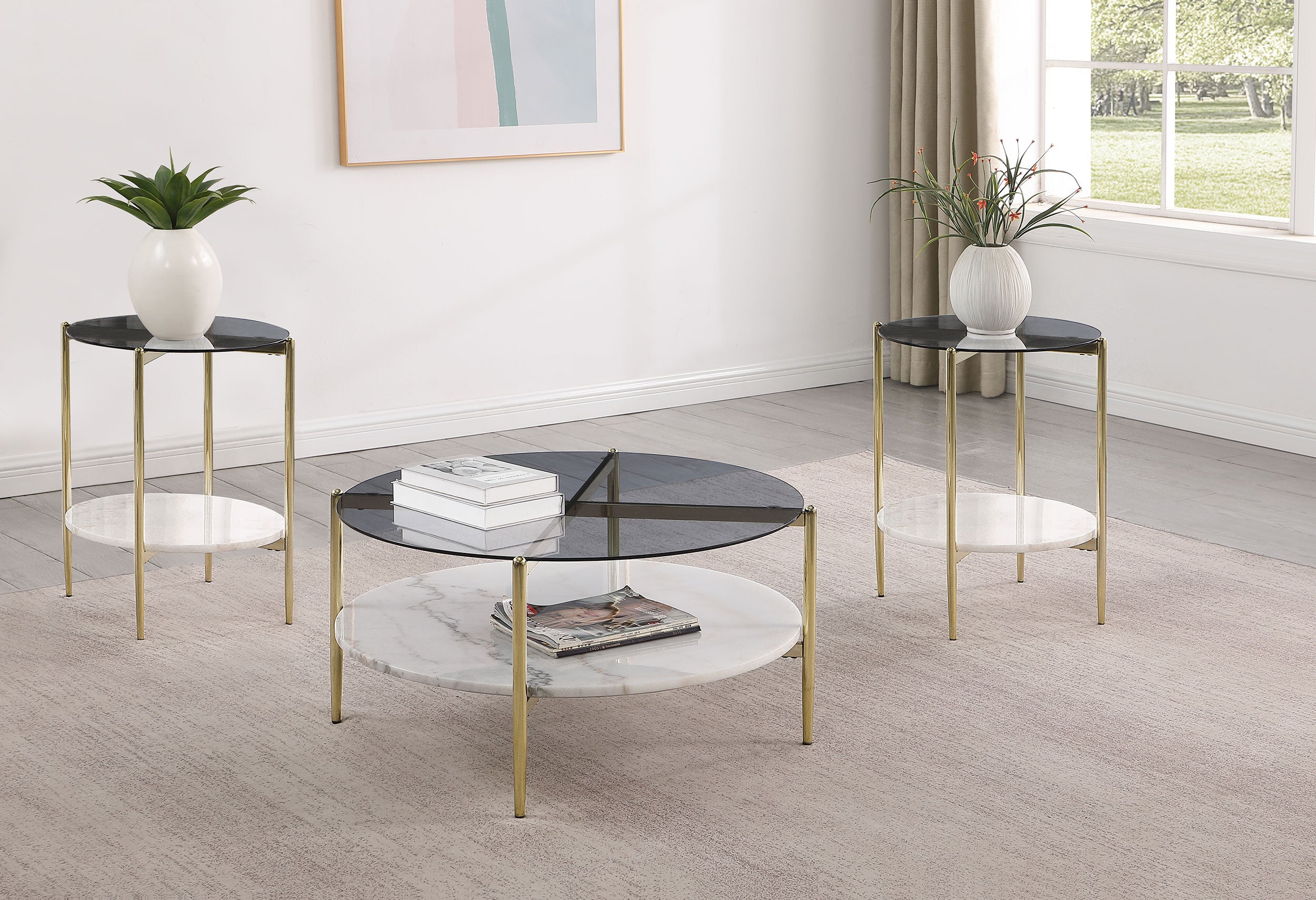 Orleans Furniture - Coaster - Jonelle 3-piece Round Coffee and End Table Set Gold - 710338-S3