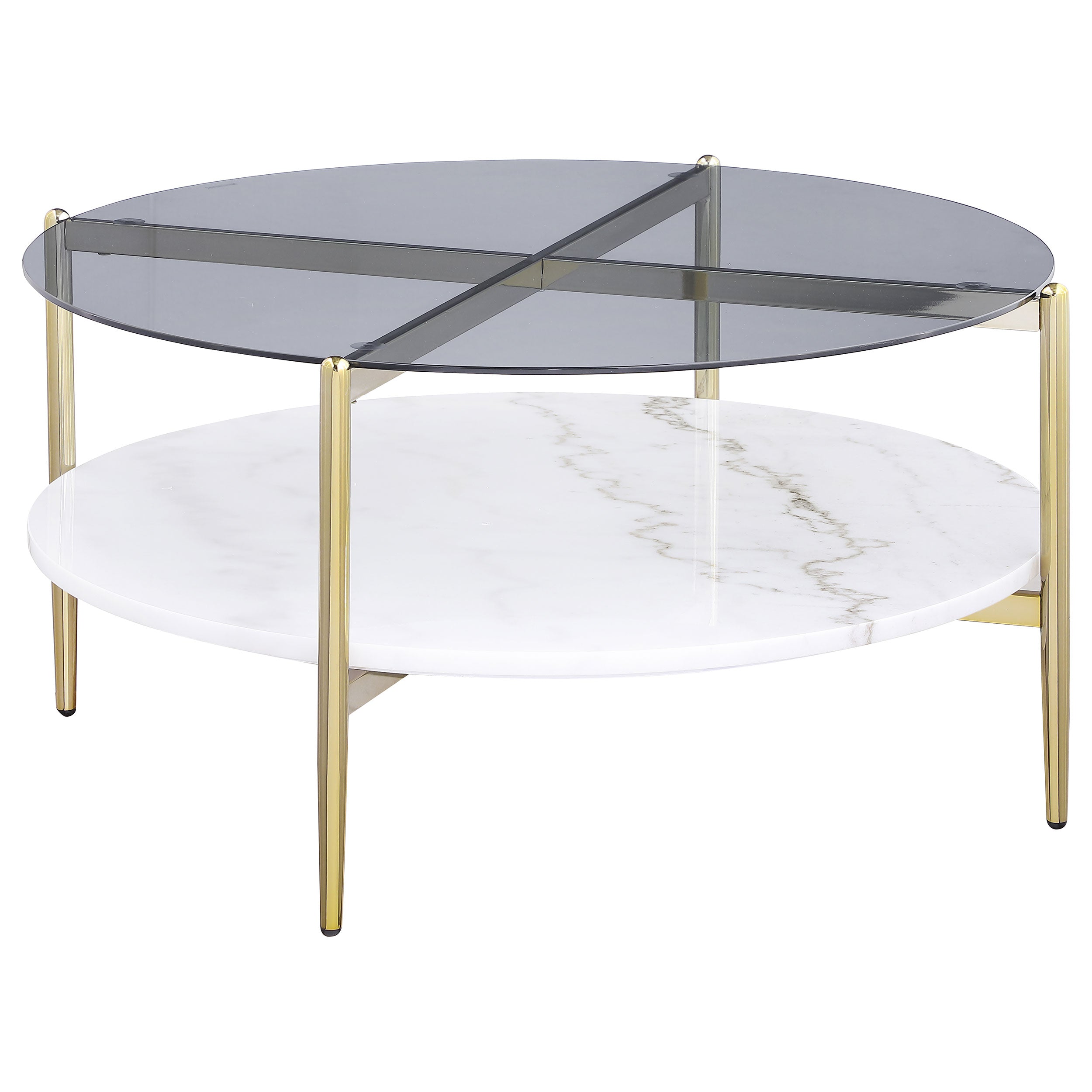 Orleans Furniture - Coaster - Jonelle Round Glass Top Coffee Table White Marble Shelf Gold - 710338
