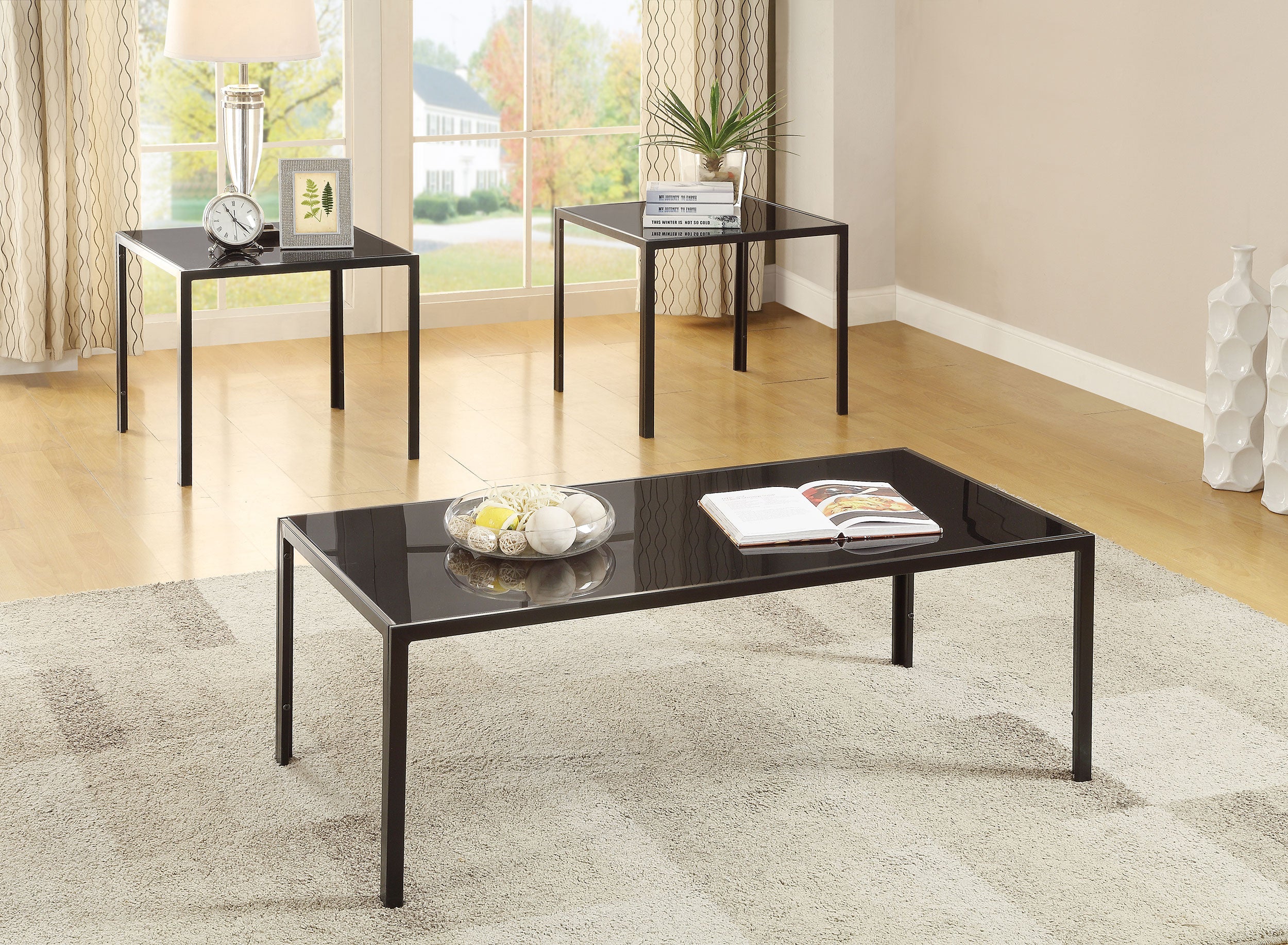 Orleans Furniture - Coaster - Brock Rectangular Glass Top Coffee Table Set Black - 720457