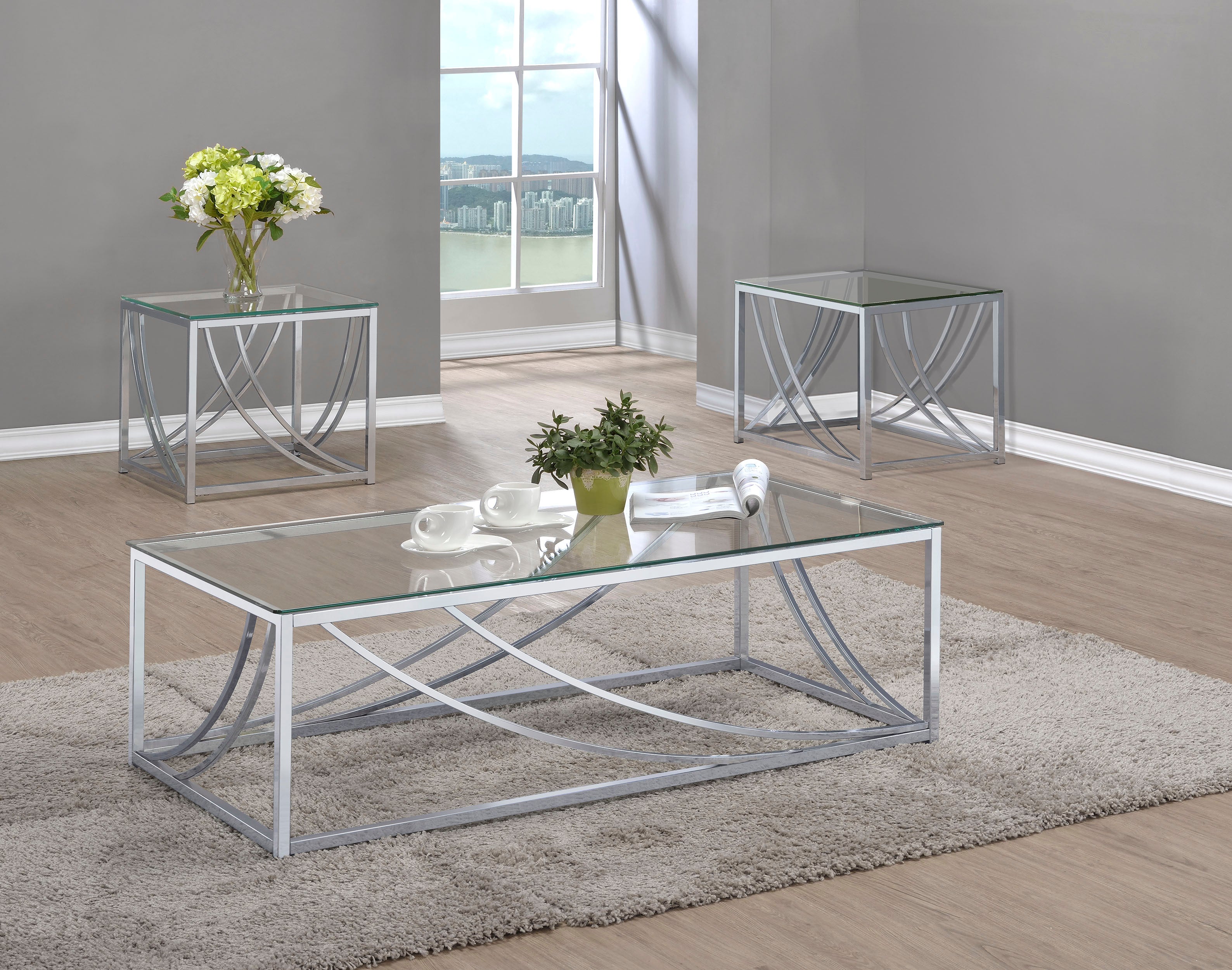 Orleans Furniture - Coaster - Lille 3-piece Glass Top Coffee End Sofa Table Set Chrome - 720498-S3