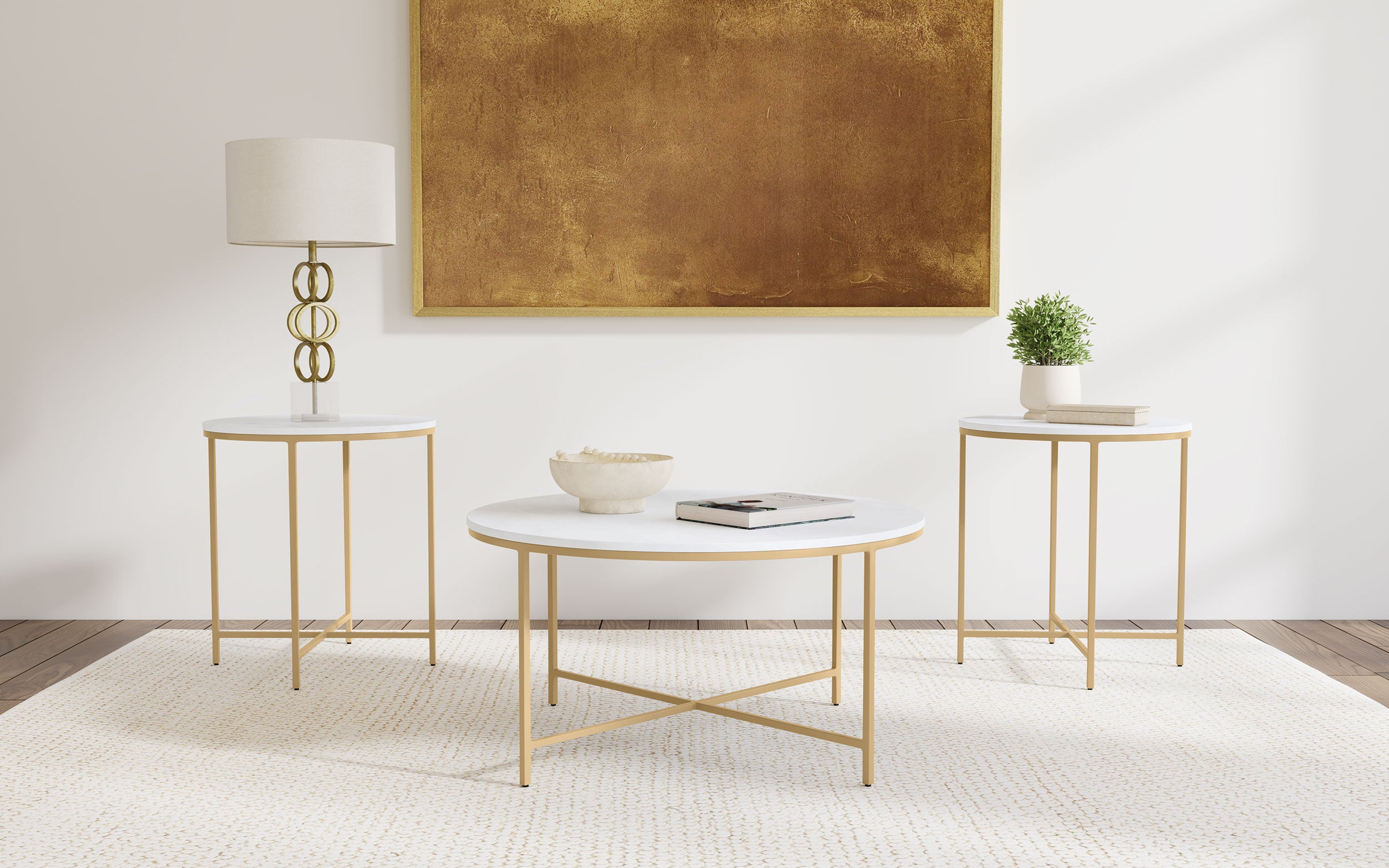 Orleans Furniture - Coaster - Ellison 3-piece Round Marble Coffee and End Table Set White - 723208-S3