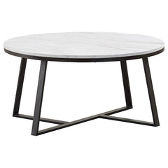 Orleans Furniture - Coaster - Hugo Round Faux Marble Coffee Table White and Matte Black - 723238
