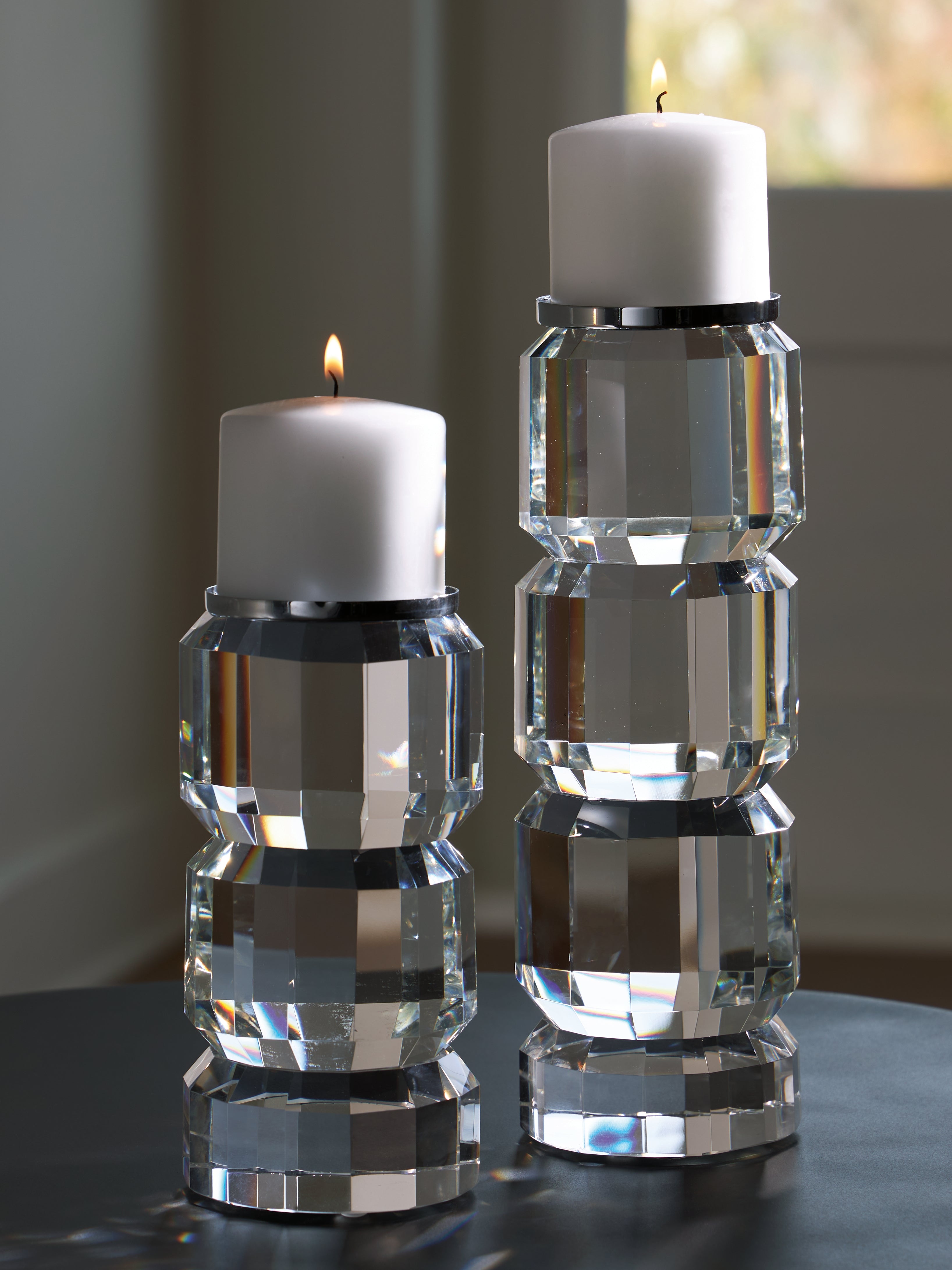 Orleans Furniture - Ashley Furniture - Brentley Candle Holder - Candle Holder Set (Set of 2) / Clear/Silver Finish - A2000770