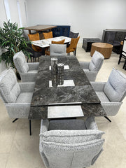 GDT1192A-3 7 Piece Marble Glass Top Dining Table With Pull Out and Swivel Chair