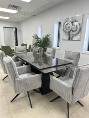 GDT1192A-3 7 Piece Marble Glass Top Dining Table With Pull Out and Swivel Chair