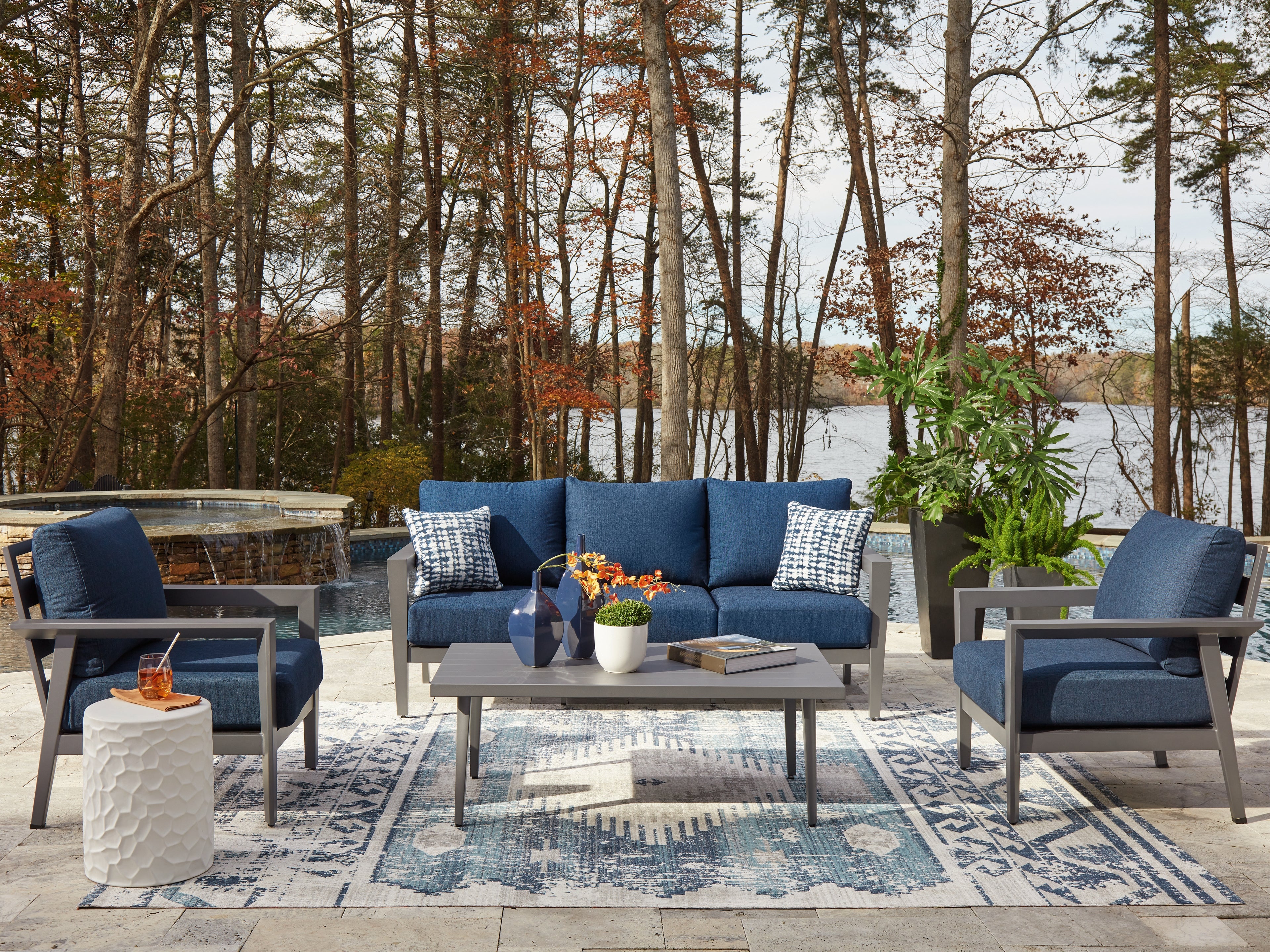 Orleans Furniture - Ashley Furniture - Gali Outdoor - Sofa/Chairs/Table Set (4/CN) / Gray/Blue - P275-081