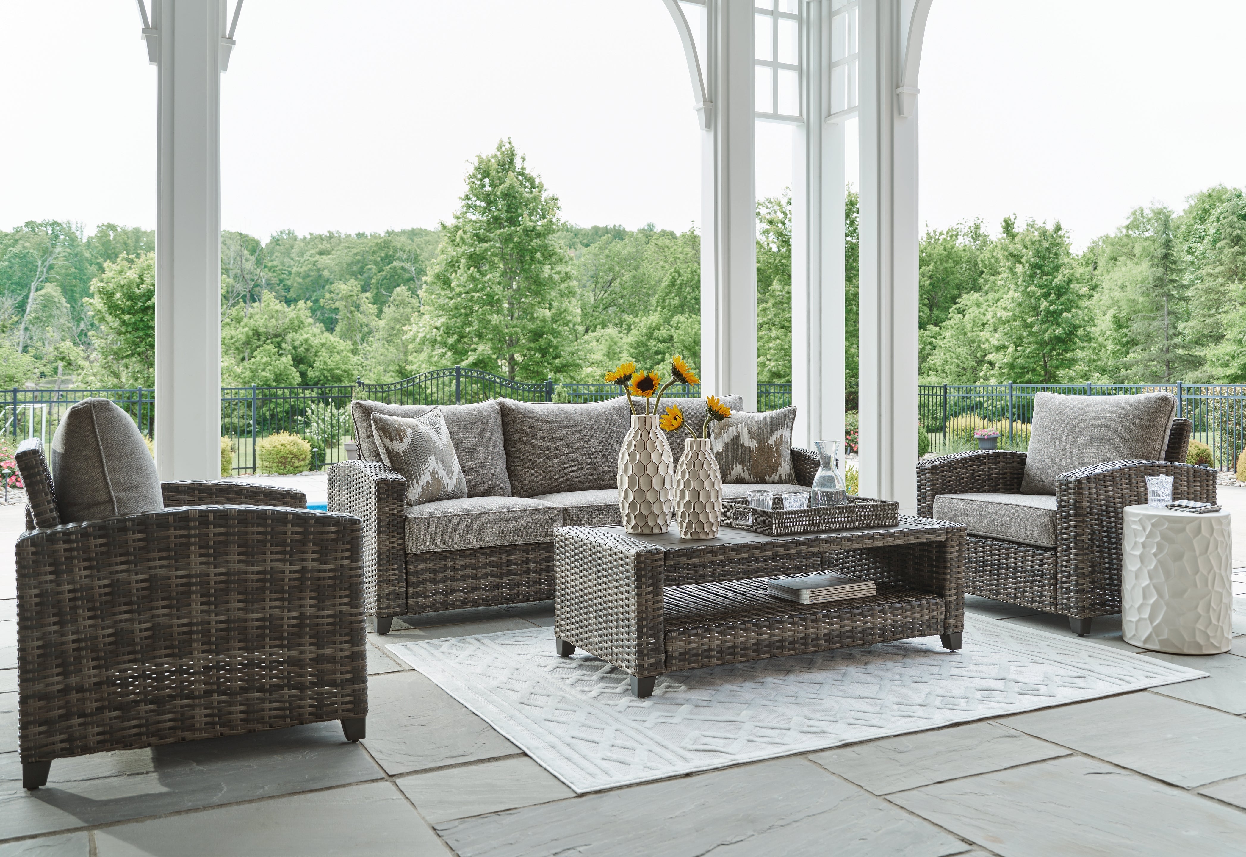 Orleans Furniture - Ashley Furniture - Oasis Court Outdoor - Sofa/Chairs/Table Set (4/CN) / Gray - P335-081