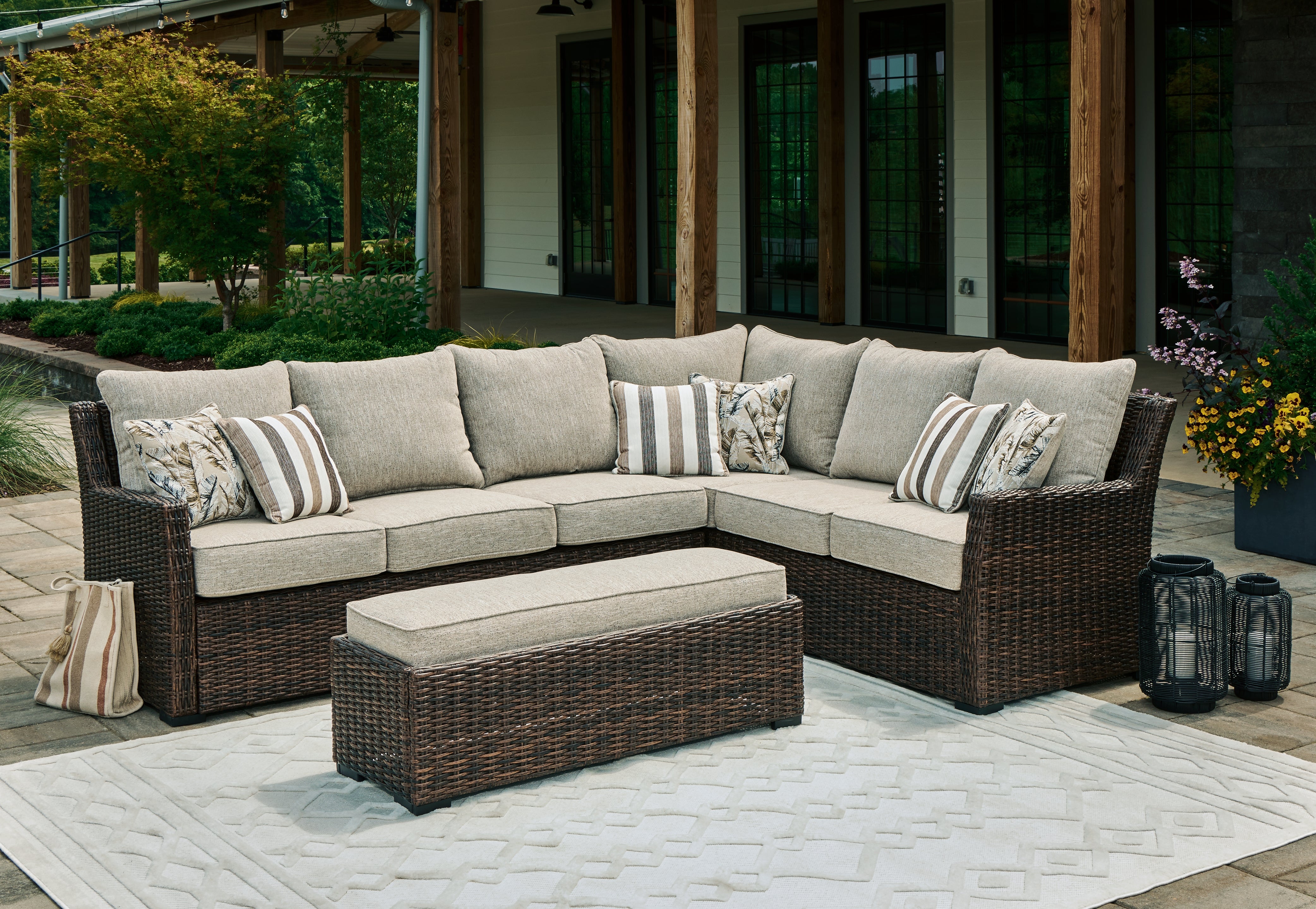 Orleans Furniture - Ashley Furniture - Brook Ranch Outdoor - Sofa SEC/Bench w/CUSH (3/CN) / Brown - P465-822
