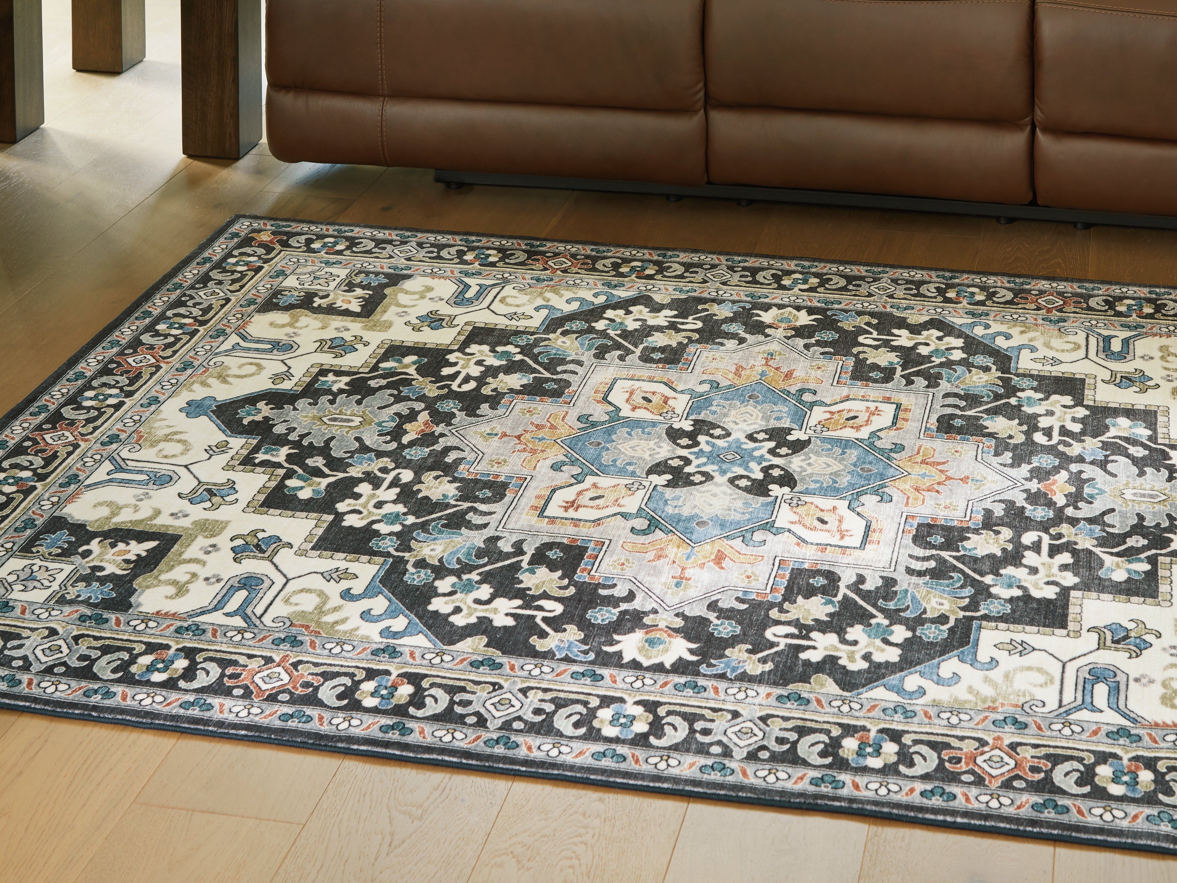 Orleans Furniture - Ashley Furniture - Leningston Rug - 5' x 7' Washable Rug / Black/Cream/Blue - R407062