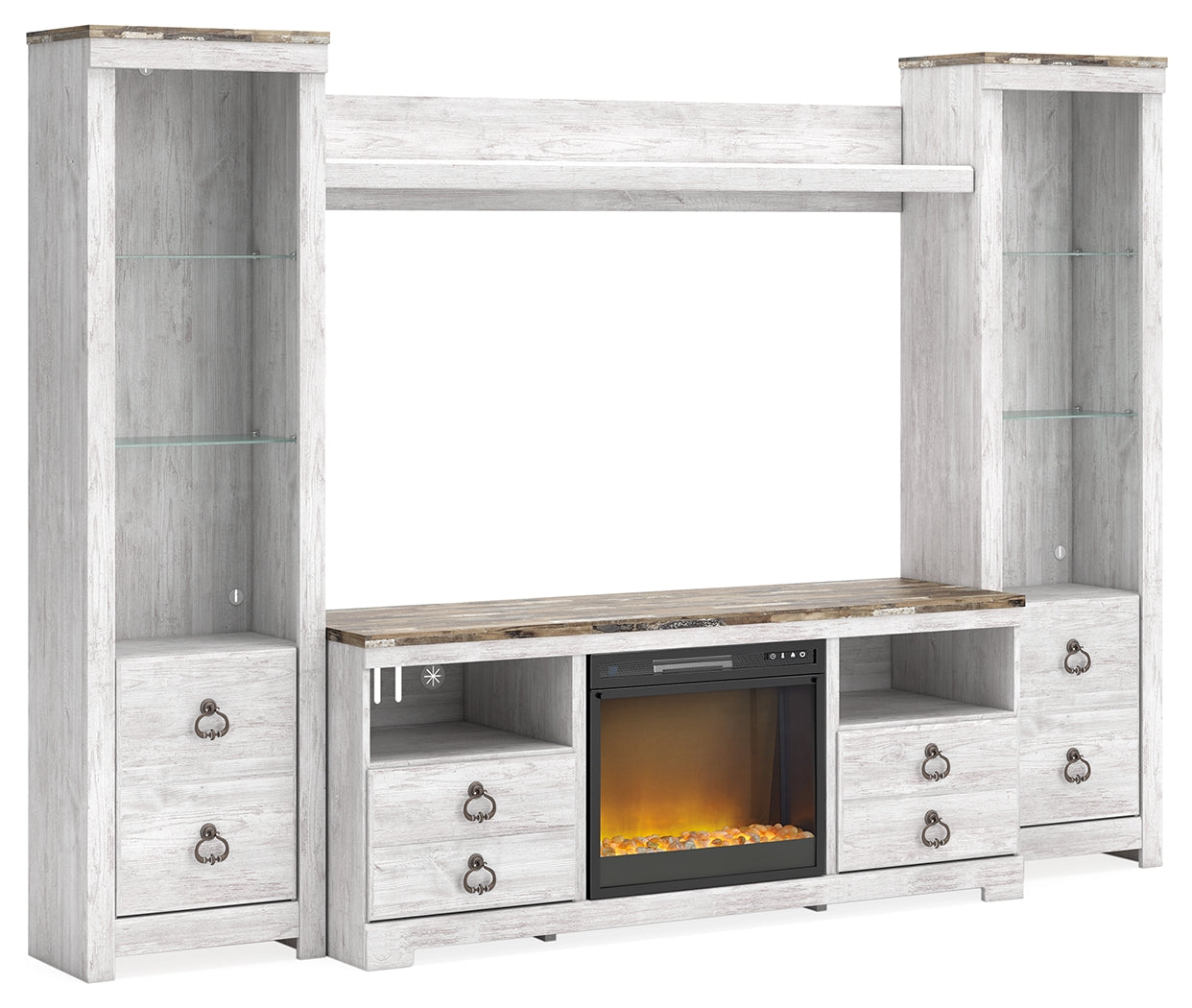 Orleans Furniture - Ashley Furniture - Willowton 4-Piece Entertainment Center with Electric Fireplace - 4-Piece Entertainment Center with Electric Fireplace / Whitewash - W267W4