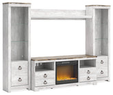 Orleans Furniture - Ashley Furniture - Willowton 4-Piece Entertainment Center with Electric Fireplace - 4-Piece Entertainment Center with Electric Fireplace / Whitewash - W267W4
