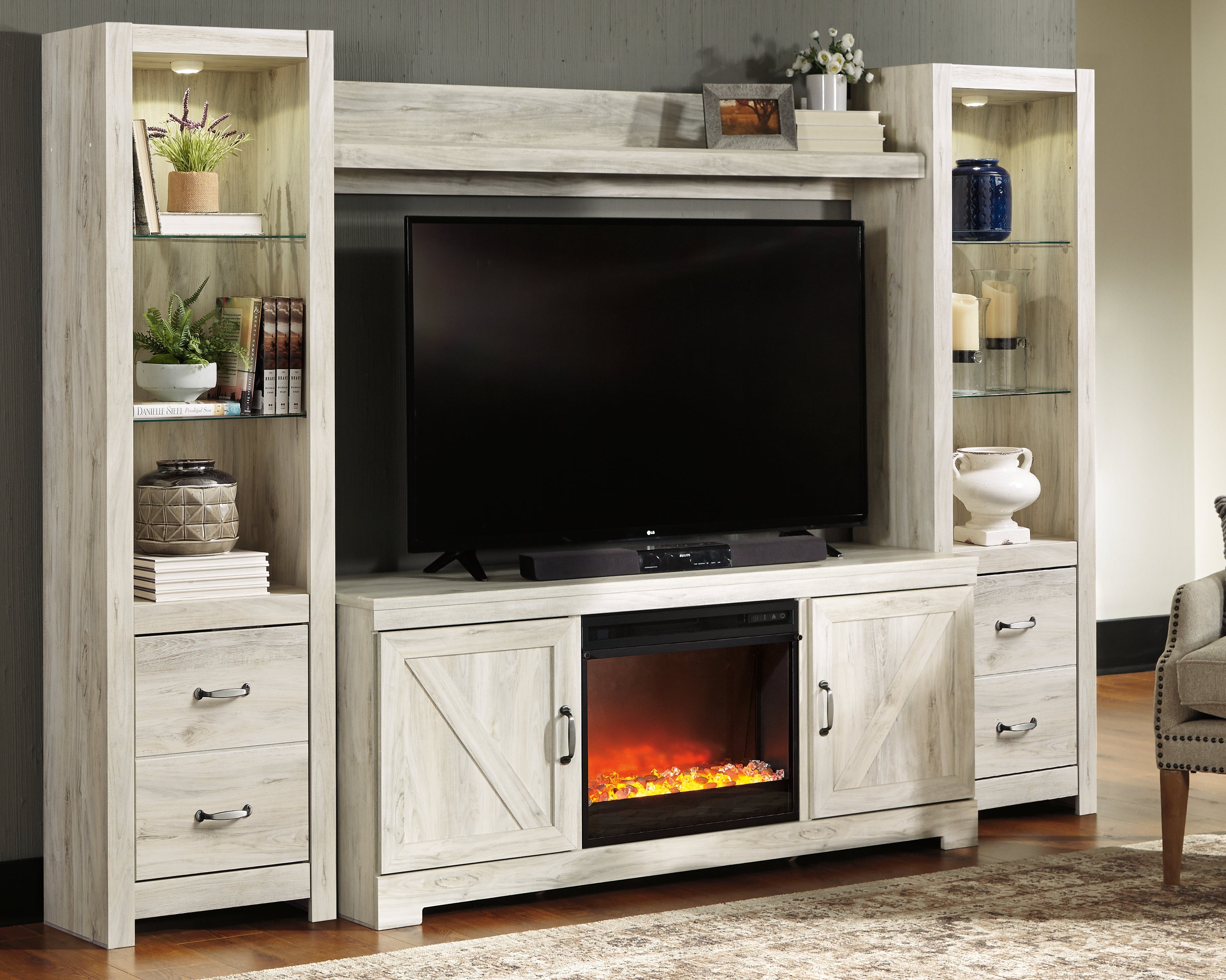 Orleans Furniture - Ashley Furniture - Bellaby 4-Piece Entertainment Center with Fireplace - 4-Piece Entertainment Center with Fireplace / Whitewash - W331W5