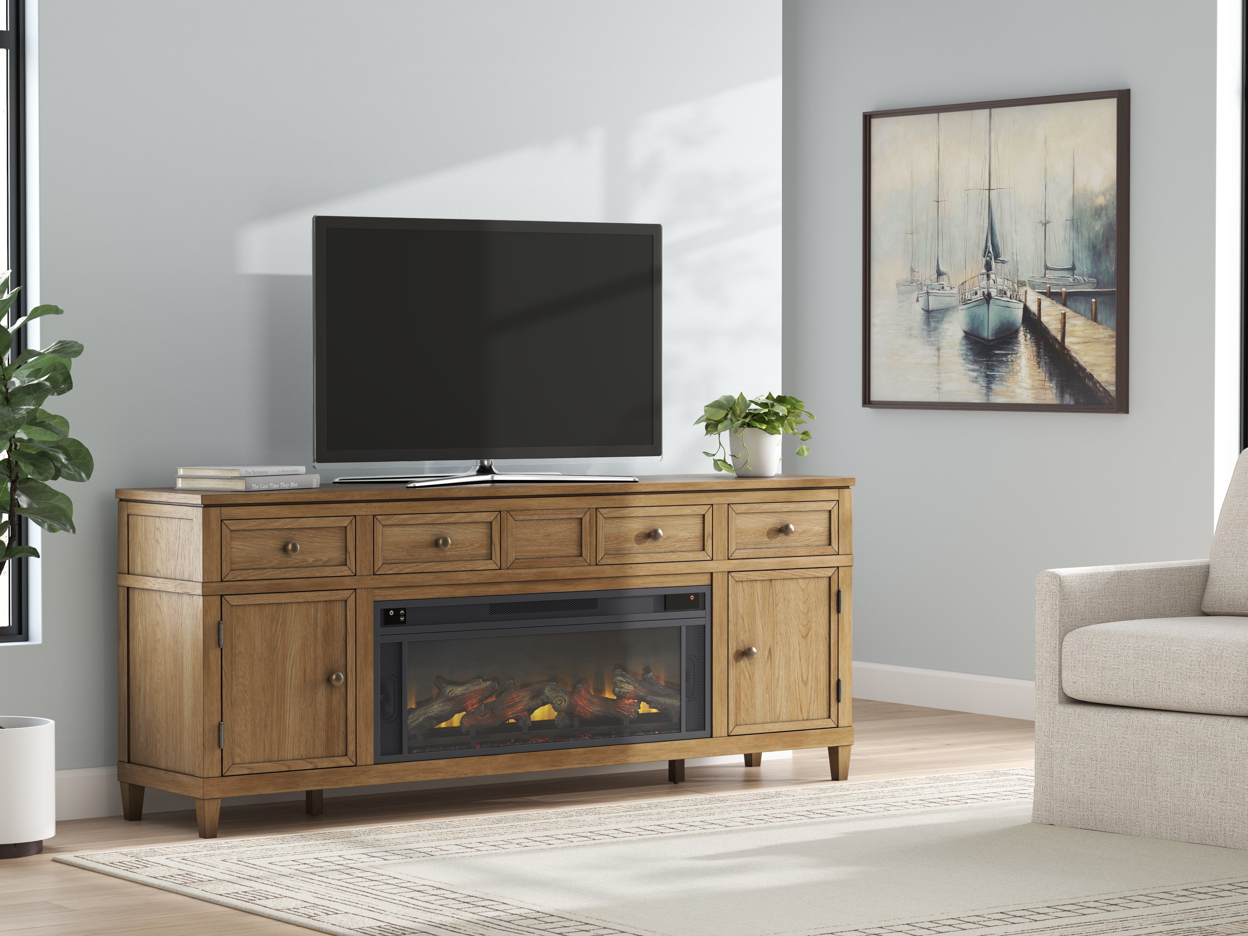 Orleans Furniture - Ashley Furniture - Sharlance 81" TV Stand with Electric Fireplace - 81" TV Stand with Electric Fireplace / Light Brown - W655W1