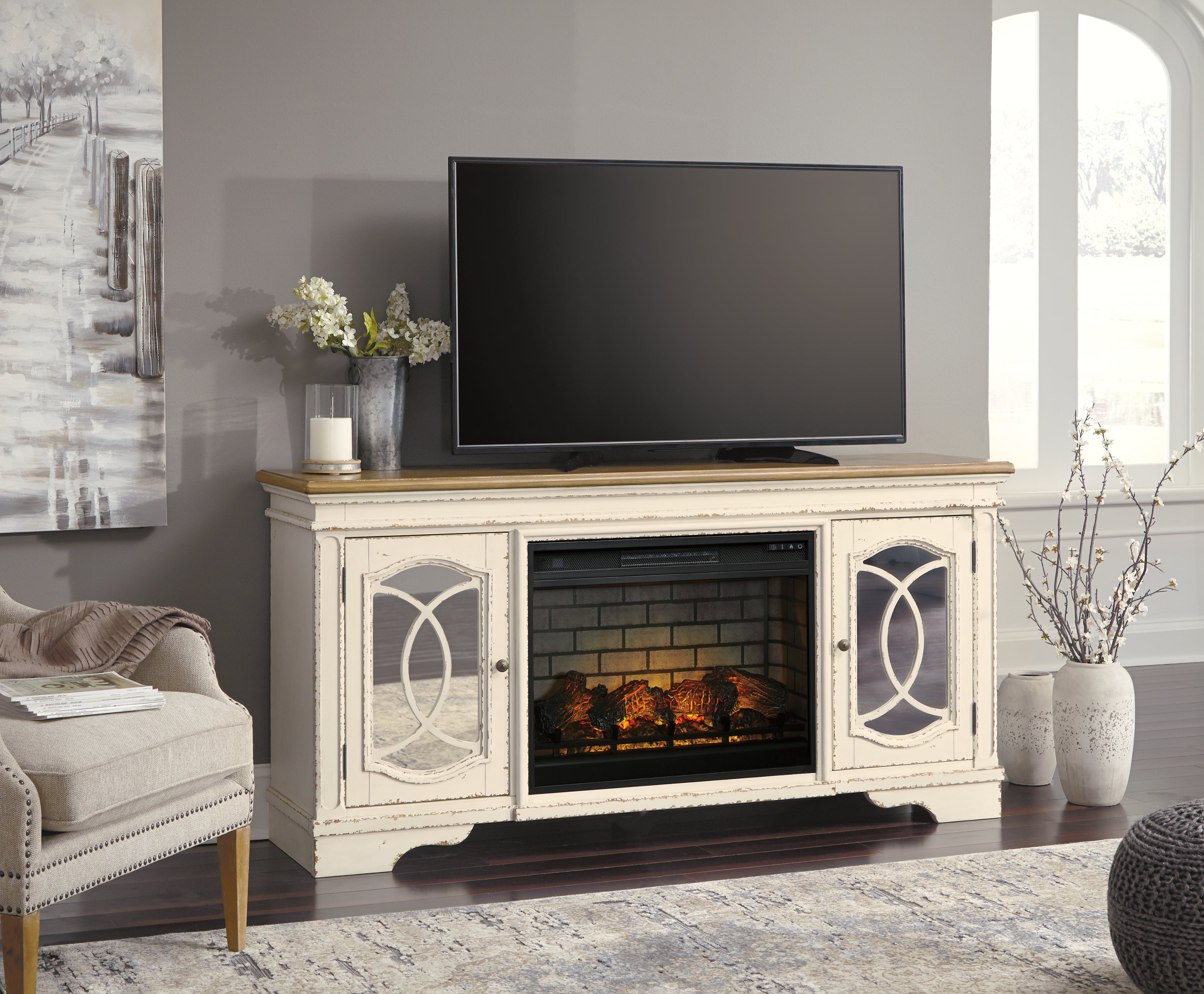 Orleans Furniture - Ashley Furniture - Realyn 74" TV Stand with Electric Fireplace - 74" TV Stand with Electric Fireplace / Chipped White - W743W2