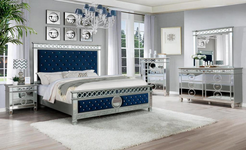 Load image into Gallery viewer, Amira Blue Bed with Dresser Mirror and Nightstand
