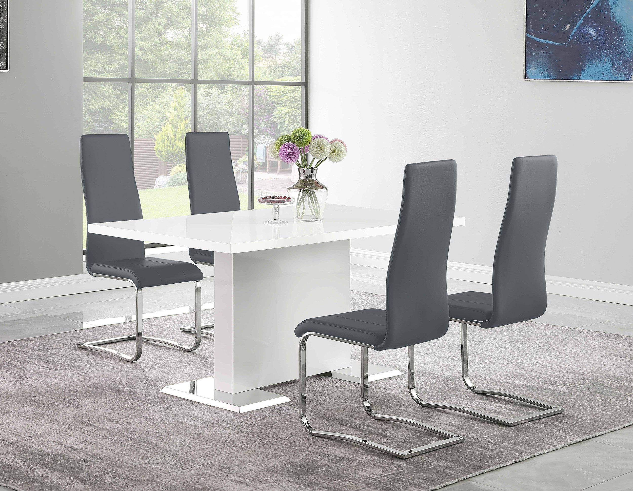 Orleans Furniture - Coaster - Anges 5-piece Dining Table Set White High Gloss and Grey - 102310-S5G
