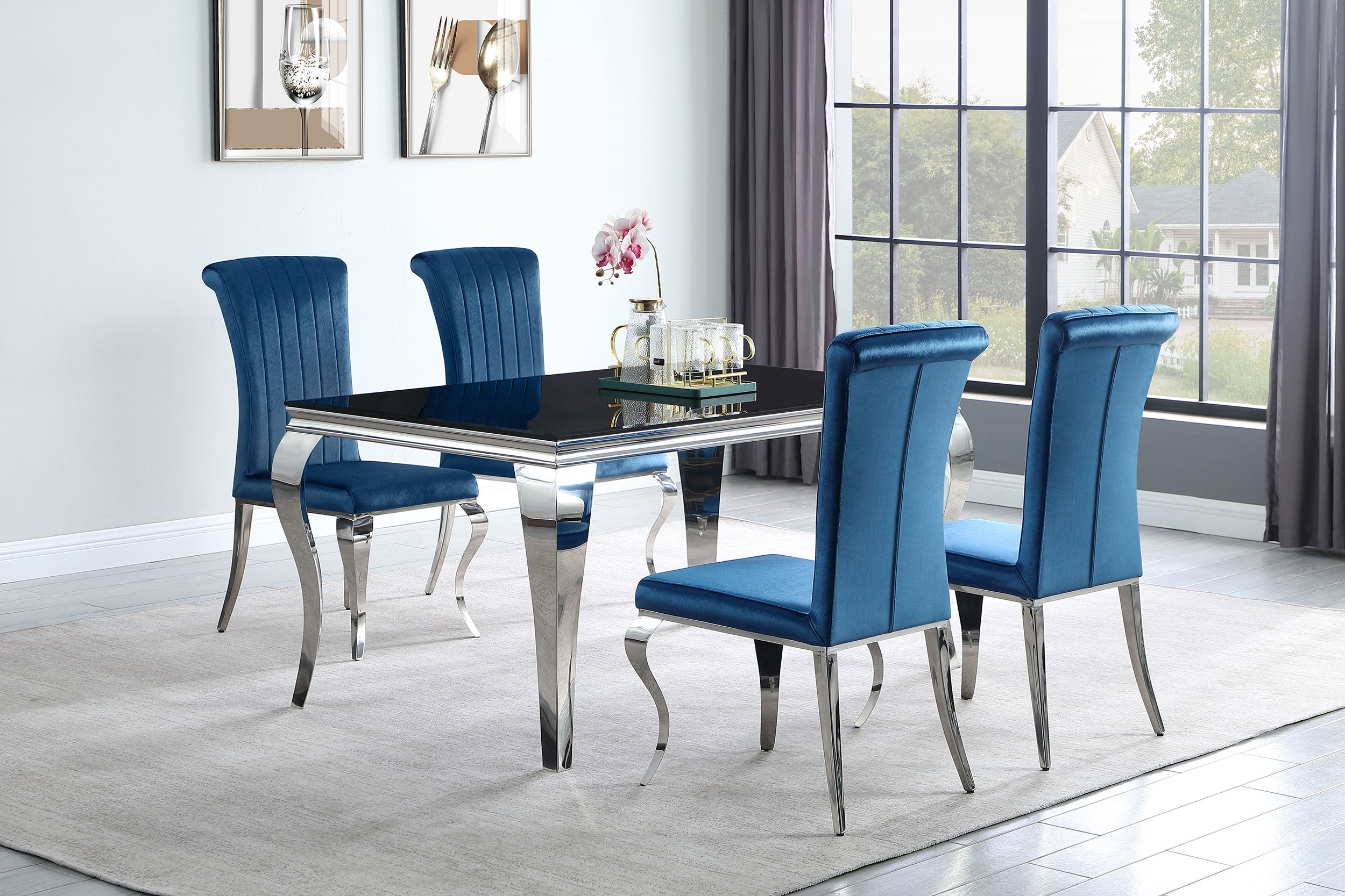 Orleans Furniture - Coaster - Carone 5-piece 61-inch Rectangular Black Glass Dining Set Teal - 105071-S5T
