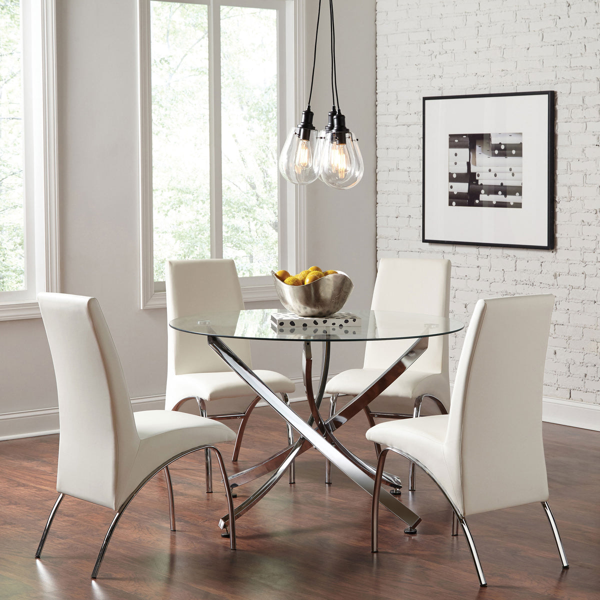 Orleans Furniture - Coaster - Beckham 5-piece Round Glass Top Dining Set Chrome and White - 106440-S5