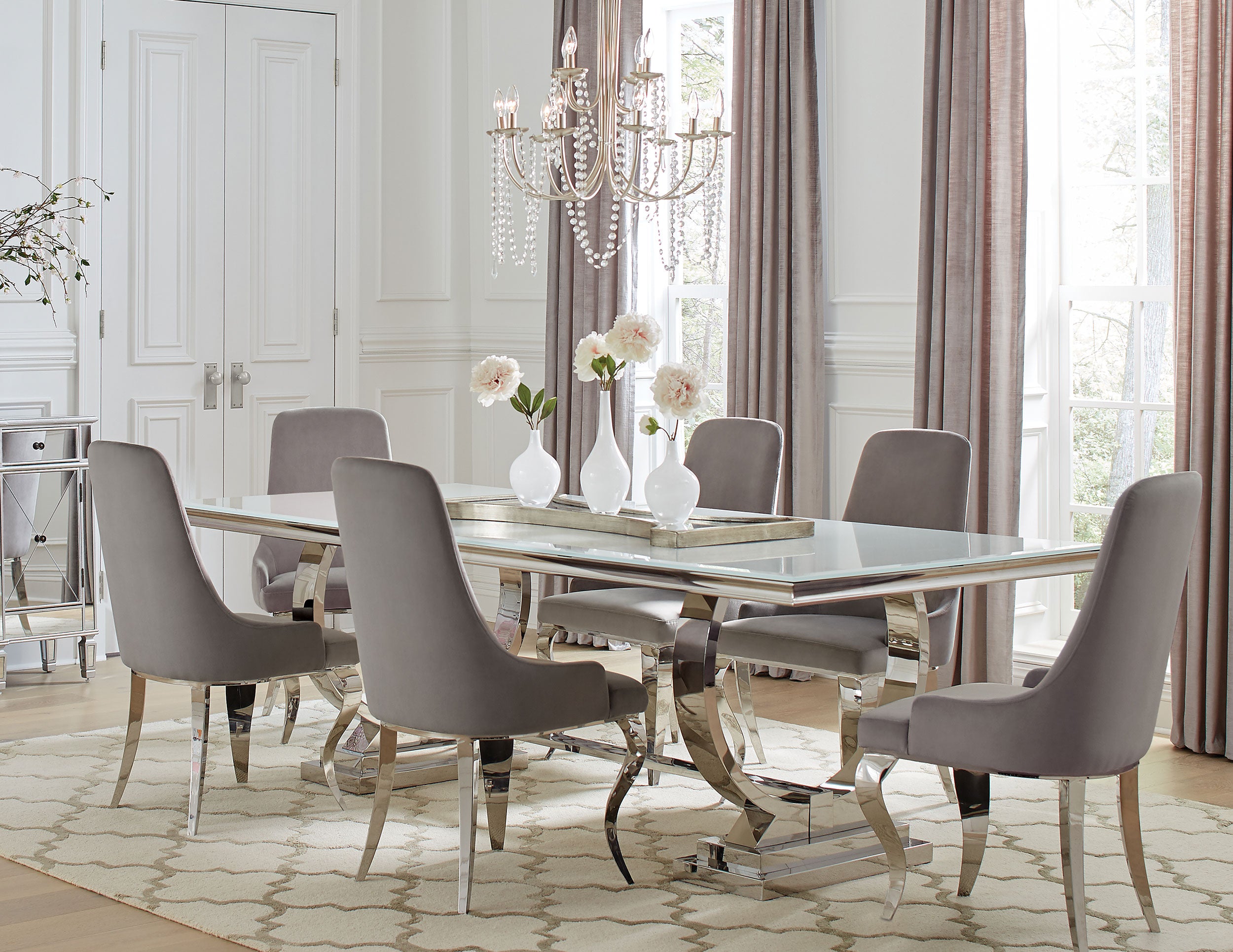 Orleans Furniture - Coaster - Antoine 7-piece Rectangular Glass Top Dining Table Set Grey - 108811-S7G
