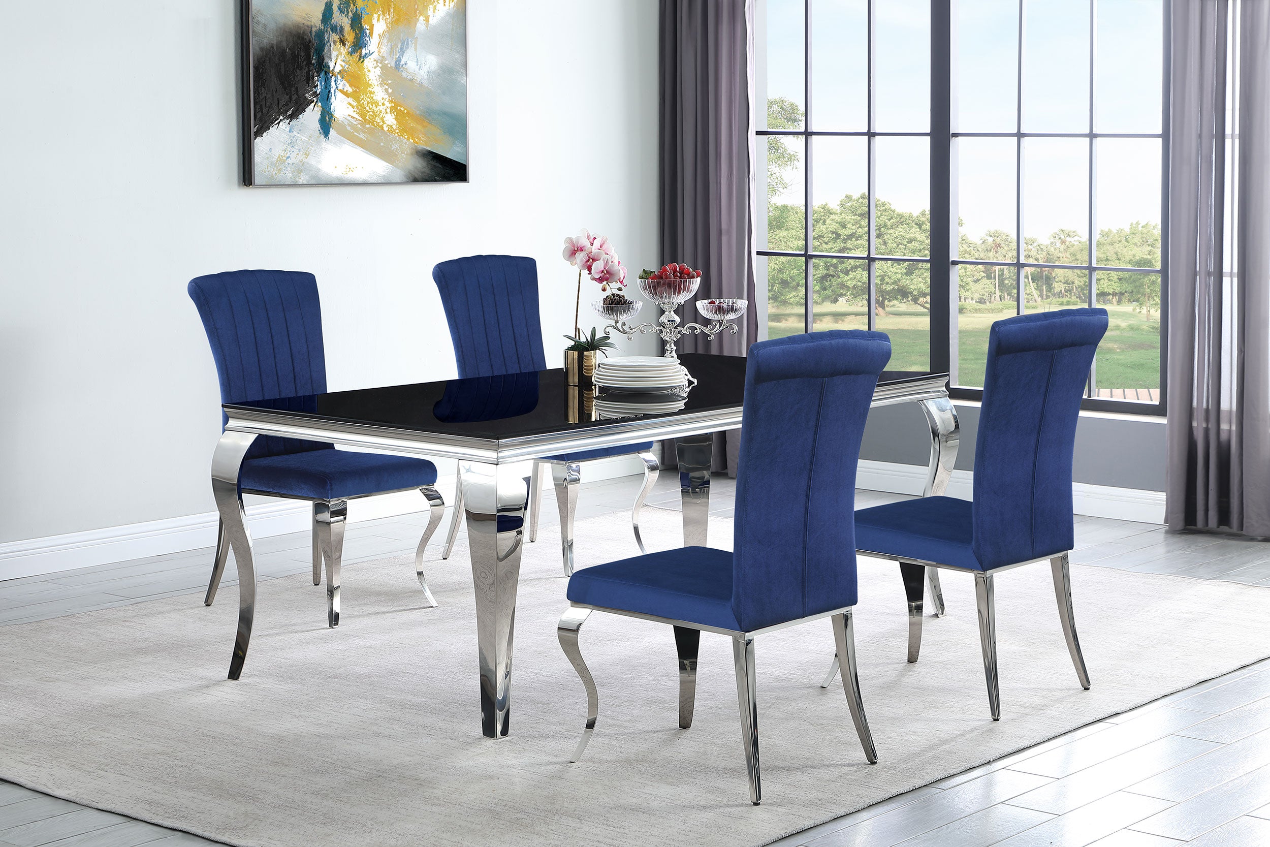Orleans Furniture - Coaster - Carone 5-piece 81-inch Rectangular Black Glass Dining Set Blue - 115071-S5B