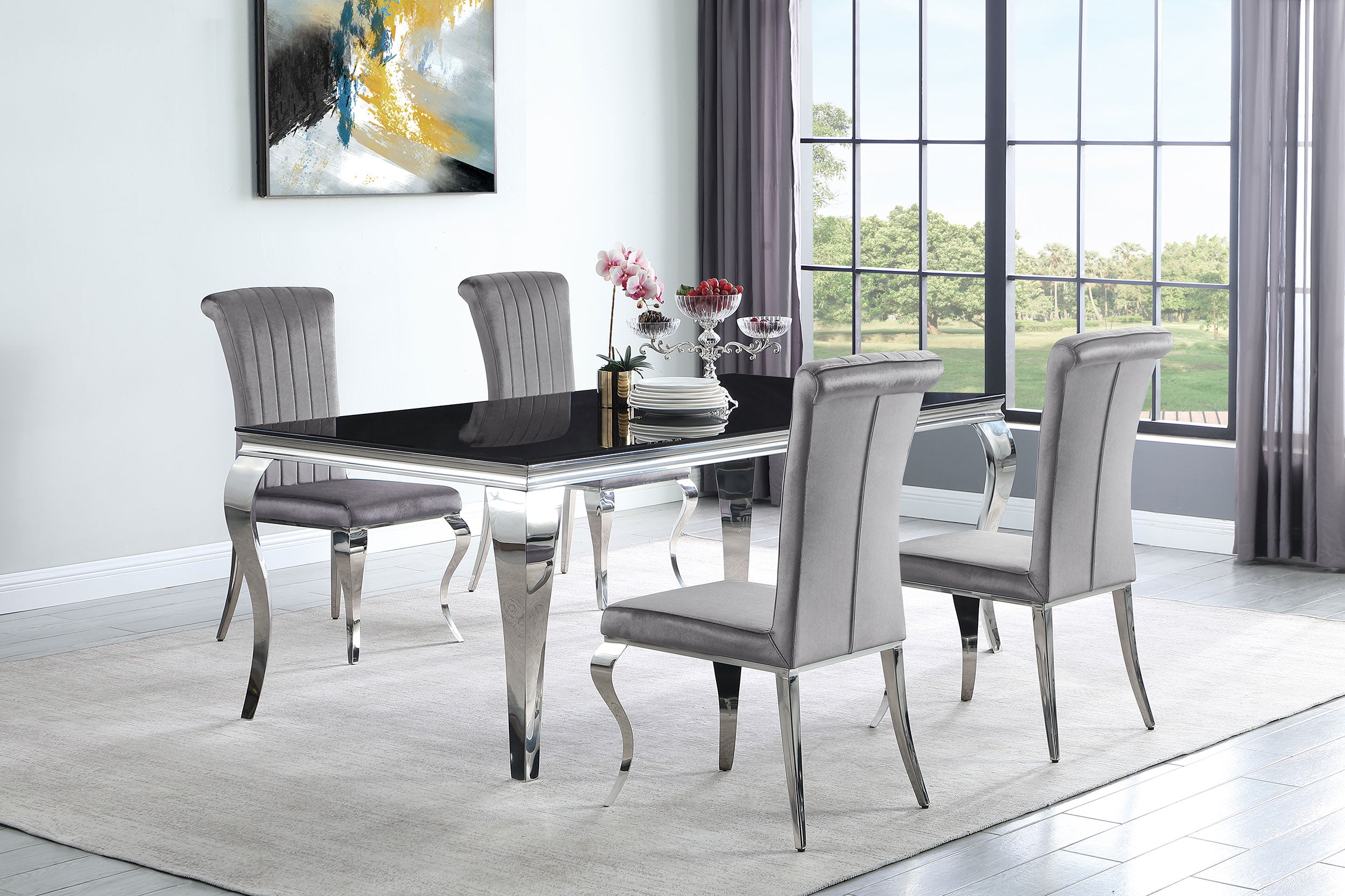 Orleans Furniture - Coaster - Carone 5-piece 81-inch Rectangular Black Glass Dining Set Grey - 115071-S5G