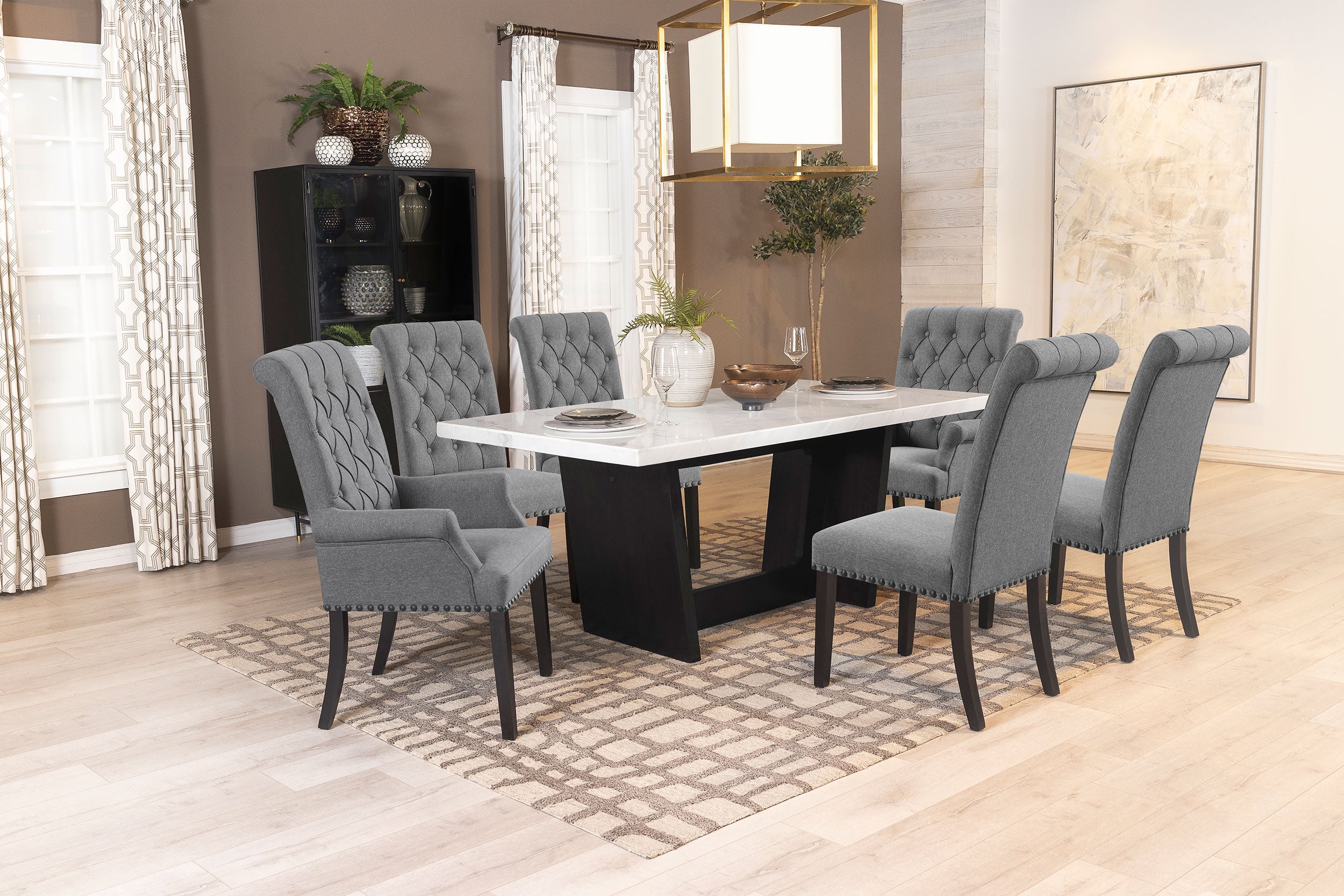 Orleans Furniture - Coaster - Sherry 7-piece Rectangular Marble Top Dining Table Set Grey - 115511-S7G