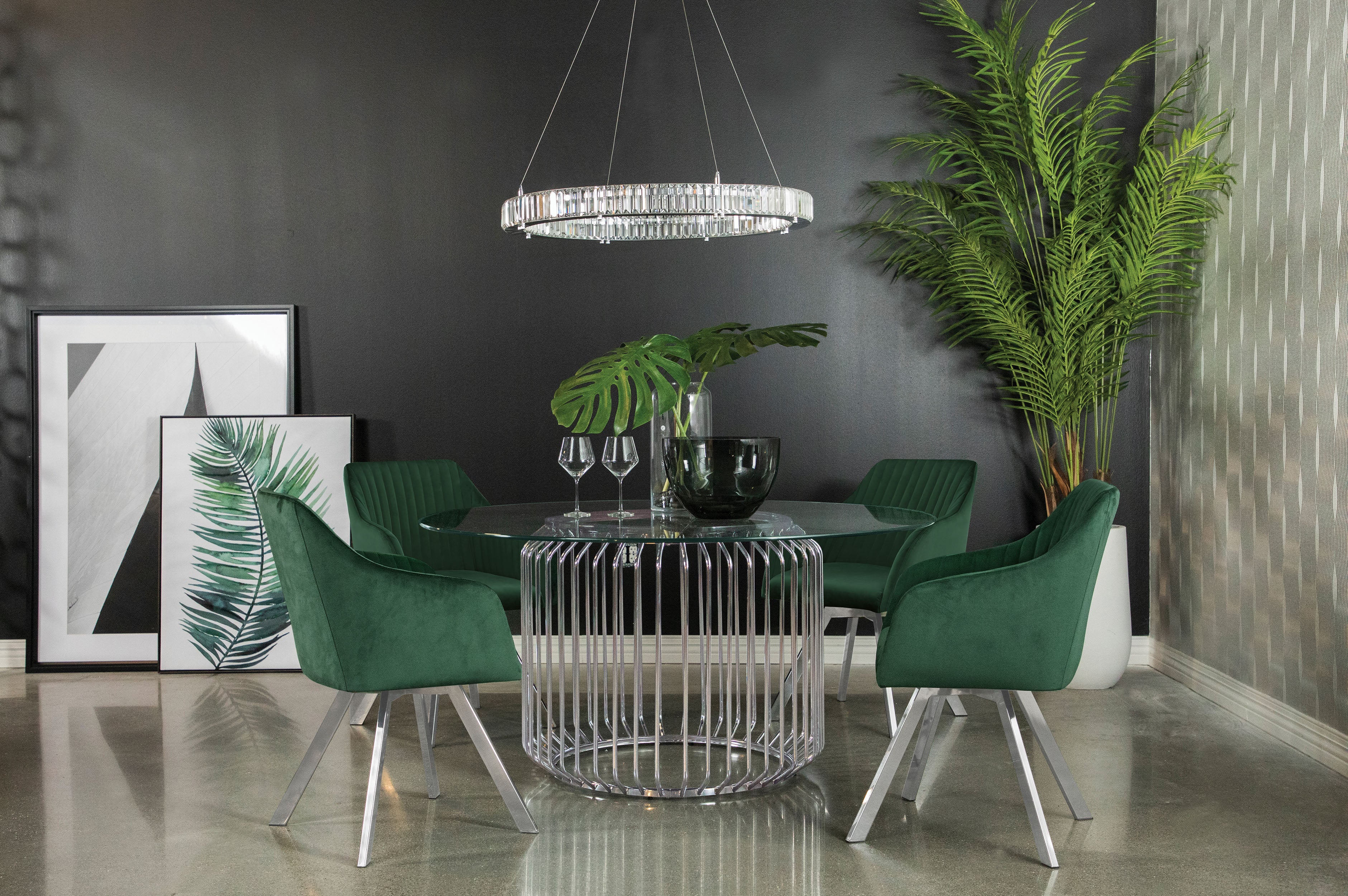 Orleans Furniture - Coaster - Veena 5-piece Round Glass Top Dining Table Set Chrome - 193430BG-S5