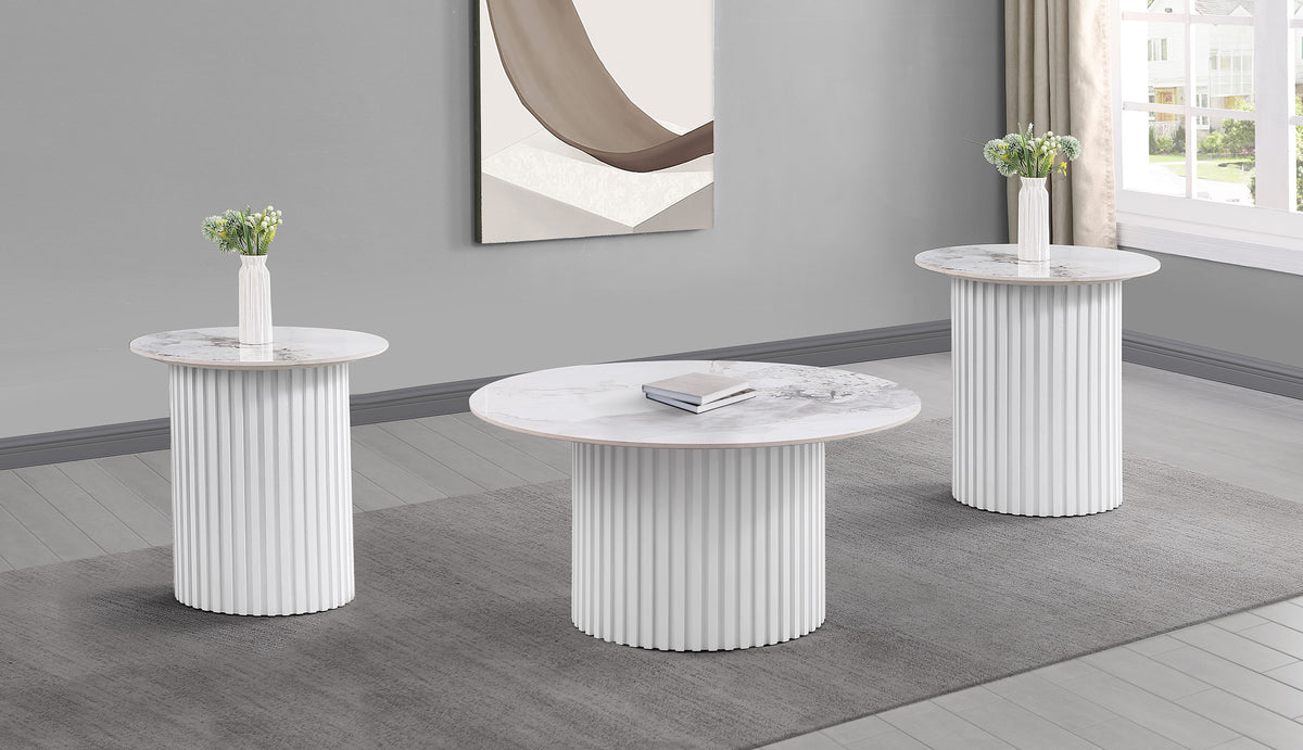 Orleans Furniture - Coaster - Rowena 3-piece Coffee and End Table Set White Faux Marble - 708338-S3