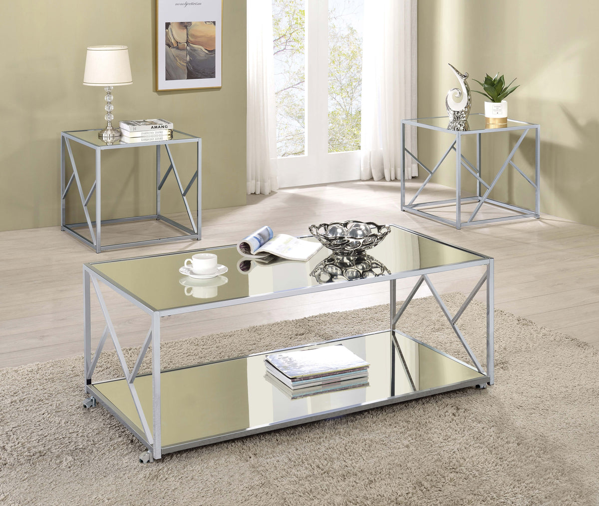 Orleans Furniture - Coaster - Provins 3-piece Coffee and End Table Set Mirror and Chrome - 720794