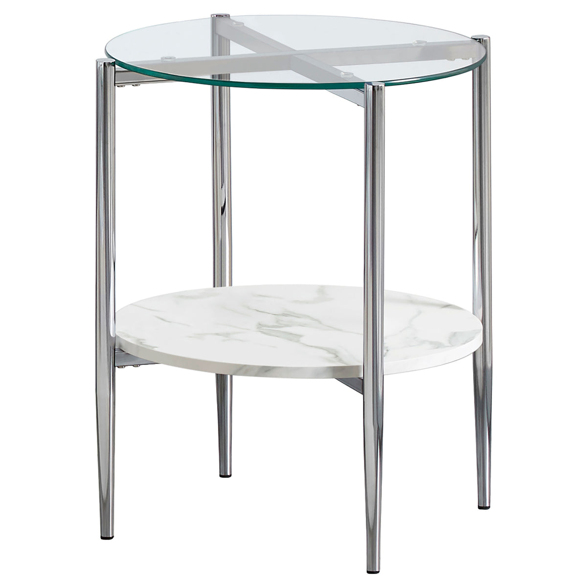 Orleans Furniture - Coaster - Cadee Round Glass Top End Table White and Chrome - 723277