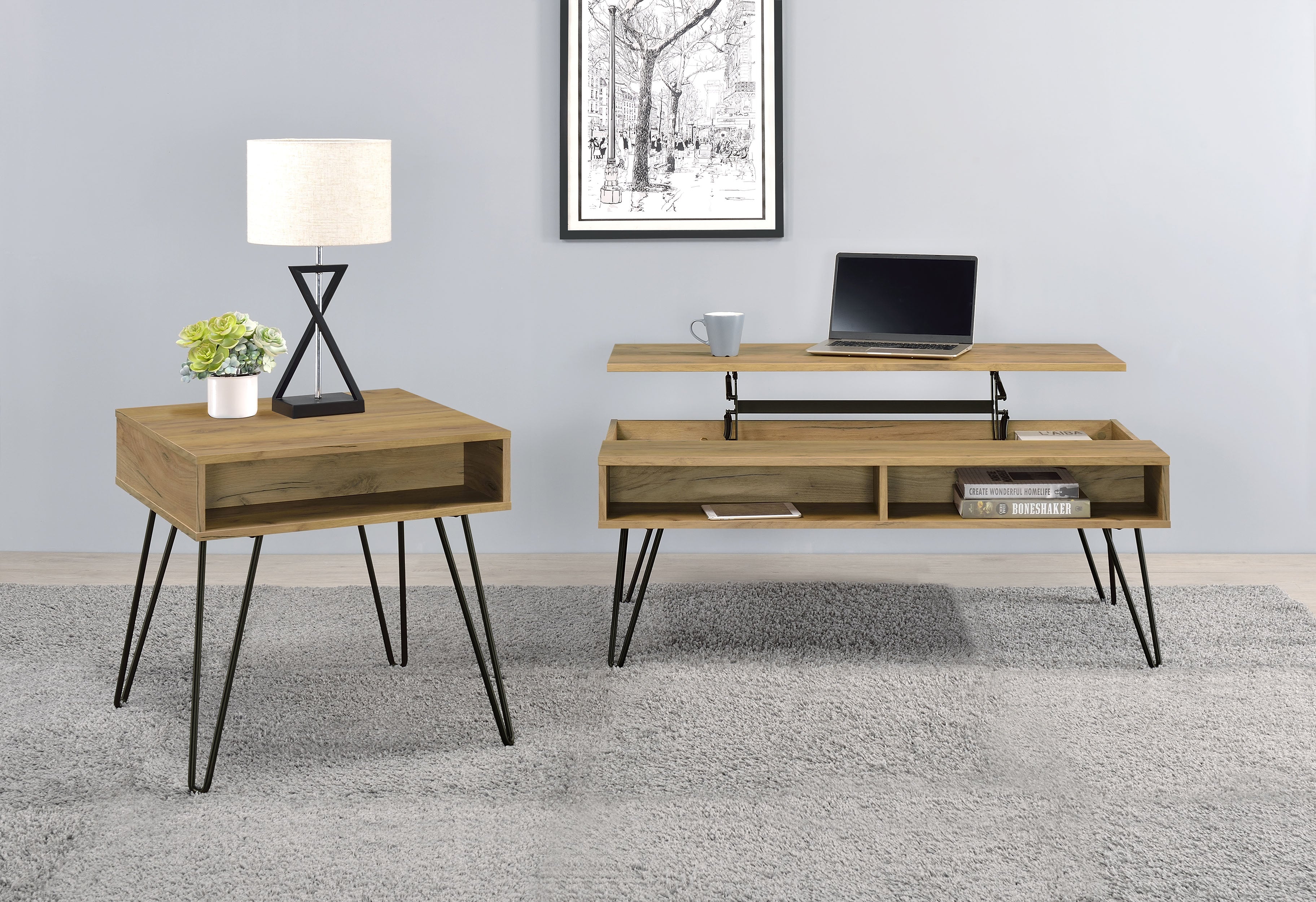 Orleans Furniture - Coaster - Fanning 2-piece Lift Top Coffee and End Table Set Golden Oak - 723368-S2