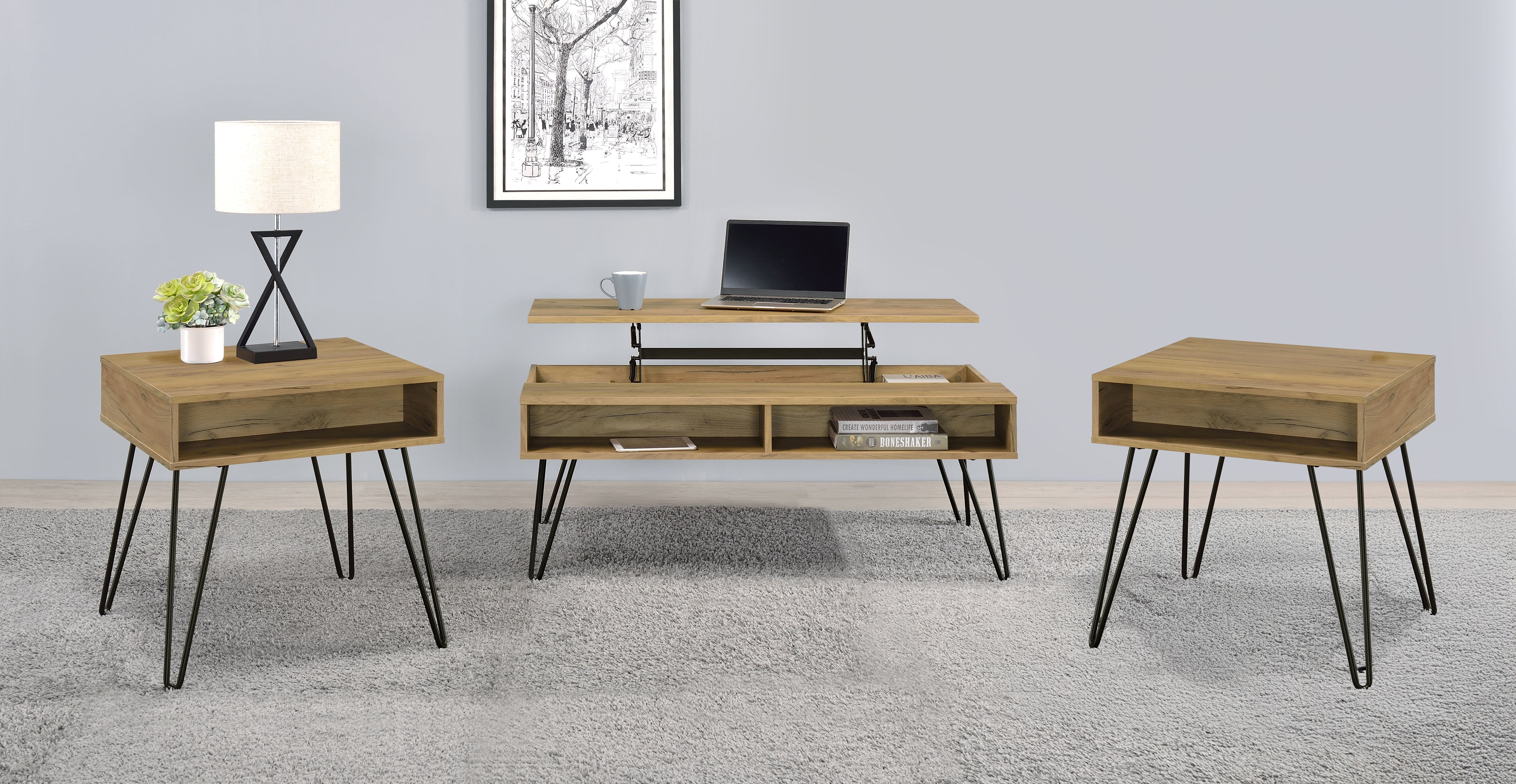 Orleans Furniture - Coaster - Fanning 3-piece Lift Top Coffee and End Table Set Golden Oak - 723368-S3