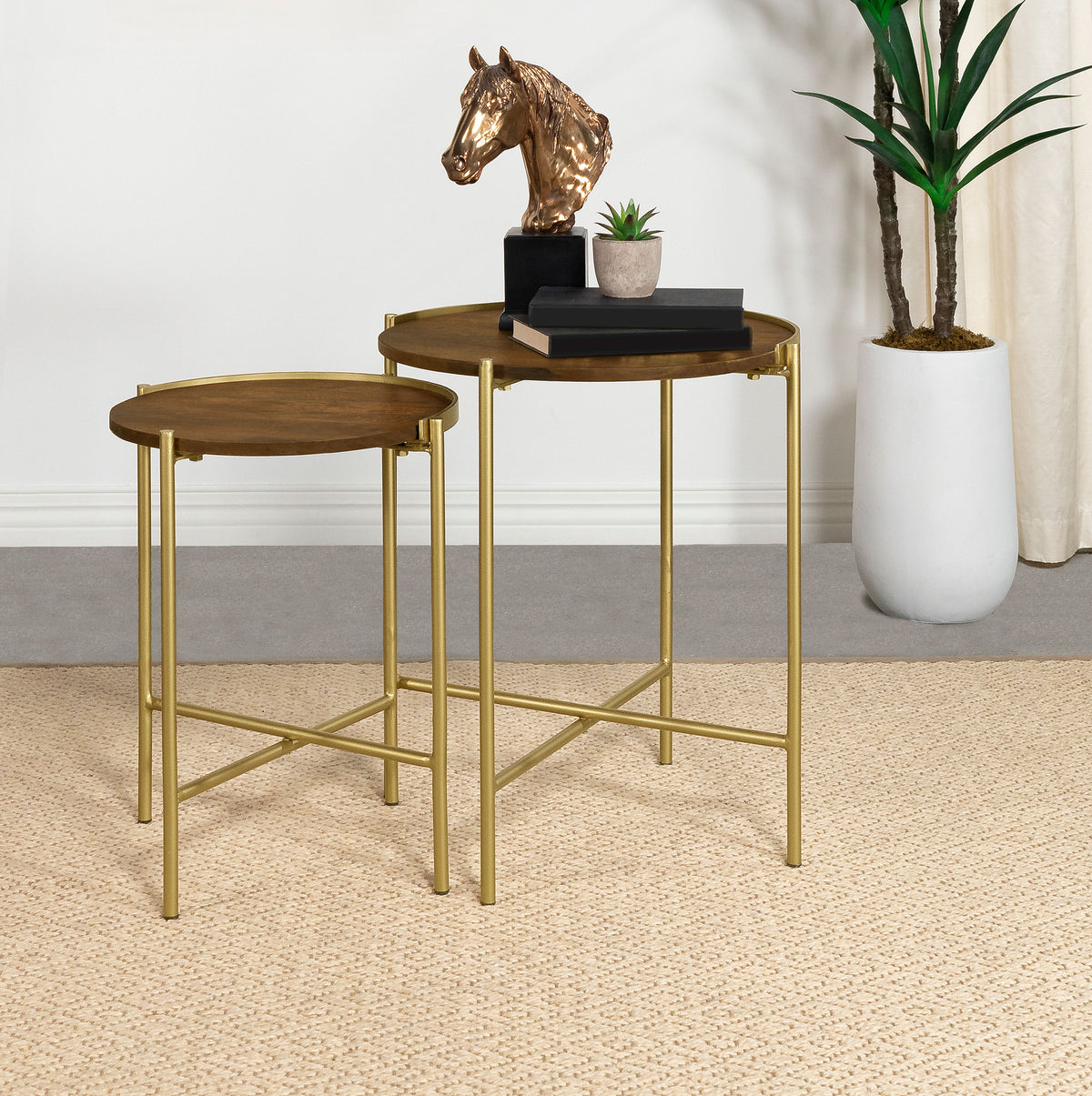 Orleans Furniture - Coaster - Malka 2-piece Round Wood Nesting Table Dark Brown and Gold - 936168