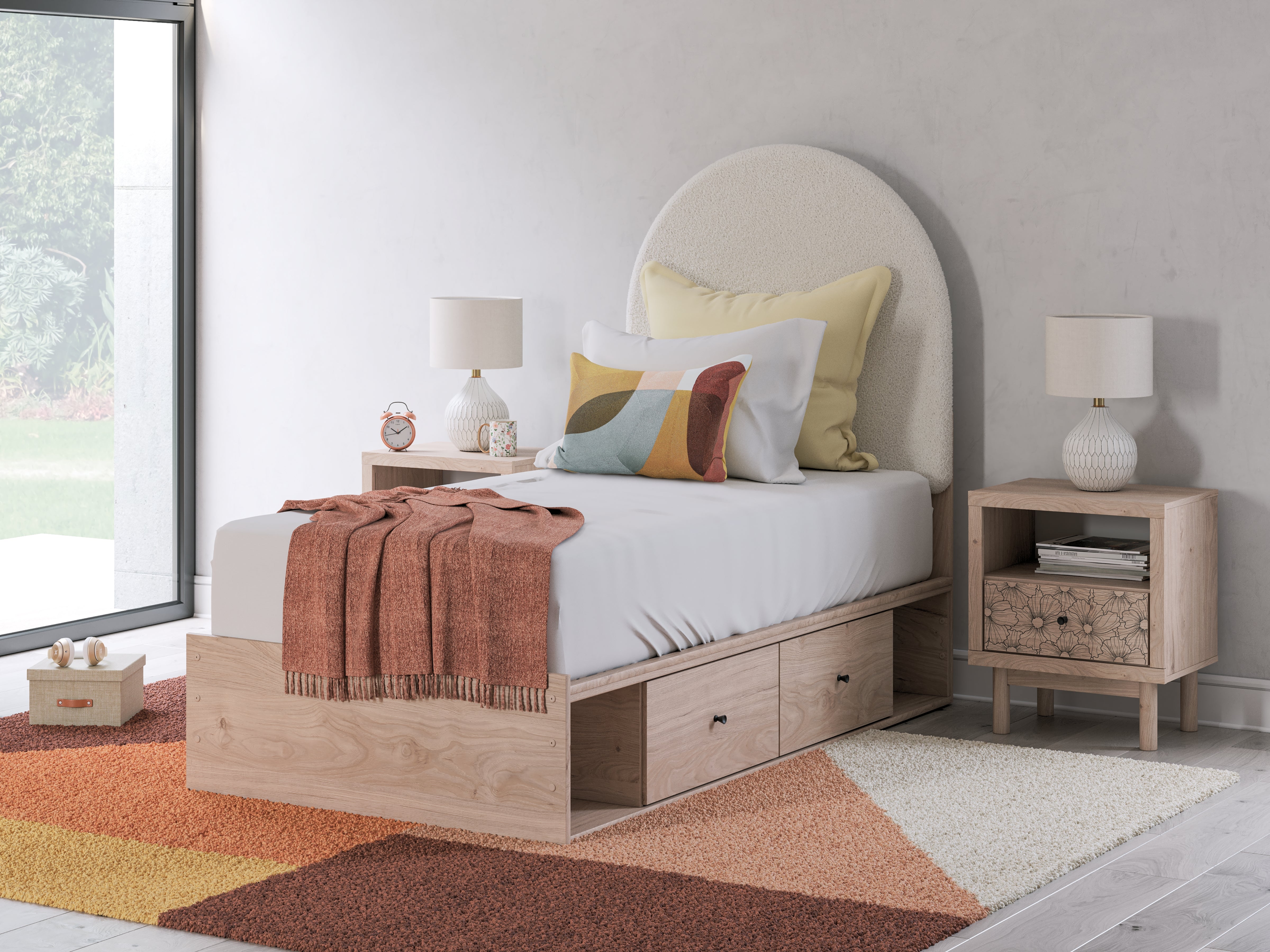 Orleans Furniture - Ashley Furniture - Arloster Bedroom - Twin Upholstered Panel Bed with Storage / Tan/White - PCB1566B4