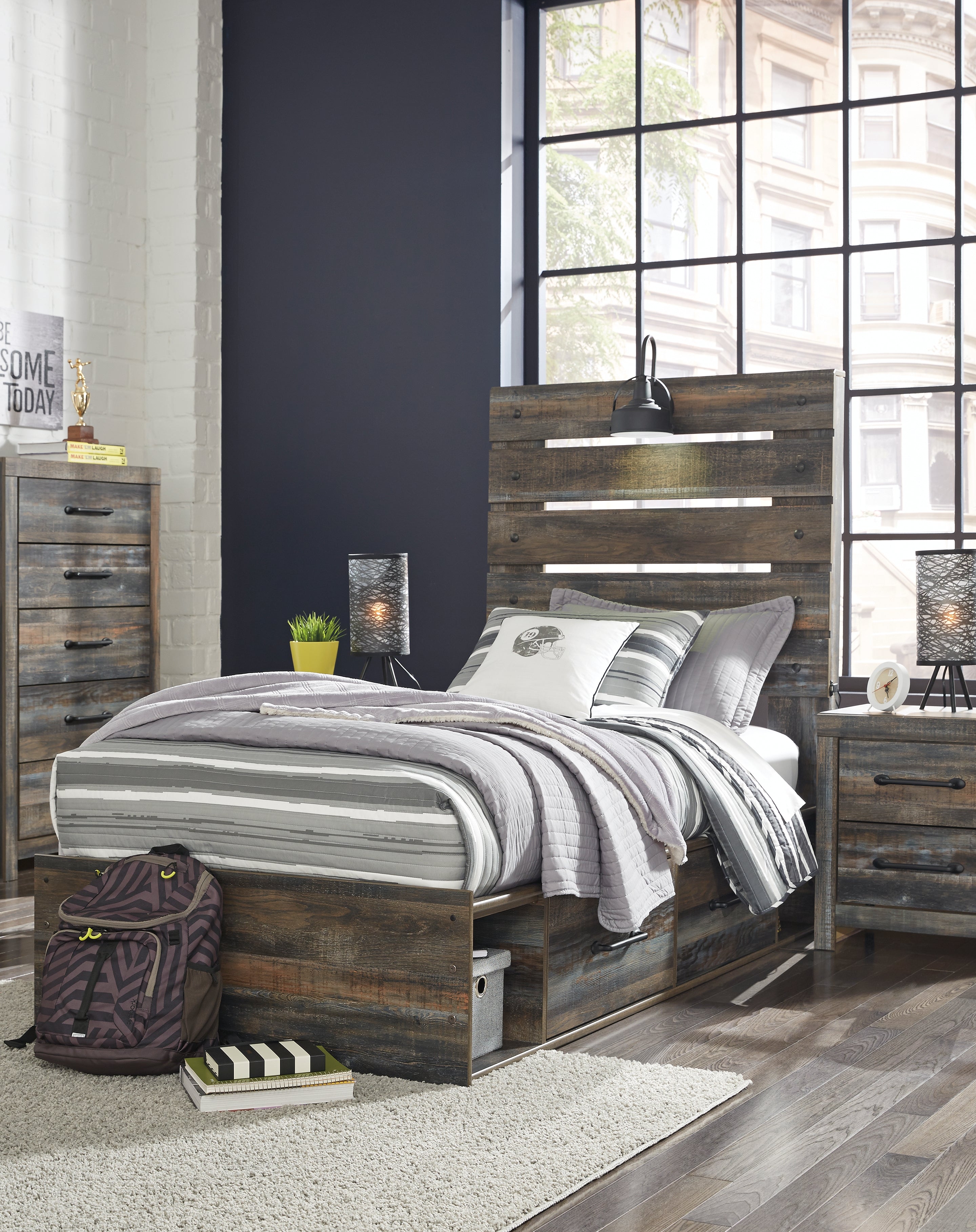 Orleans Furniture - Ashley Furniture - Drystan Bedroom - Twin Panel Bed with 2 Storage Drawers / Multi - B211B8