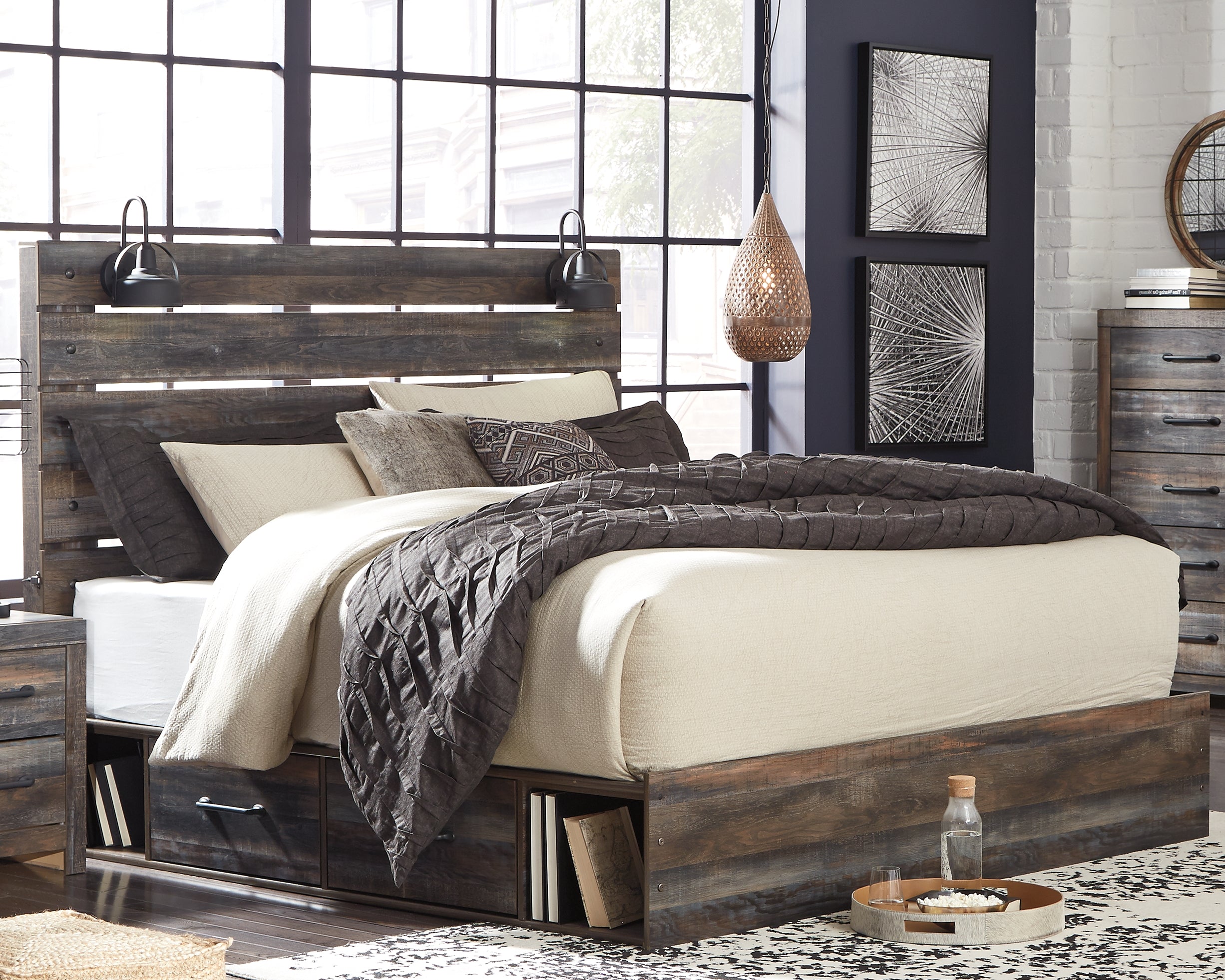 Orleans Furniture - Ashley Furniture - Drystan Bedroom - King Panel Bed with 2 Storage Drawers / Multi - B211B15